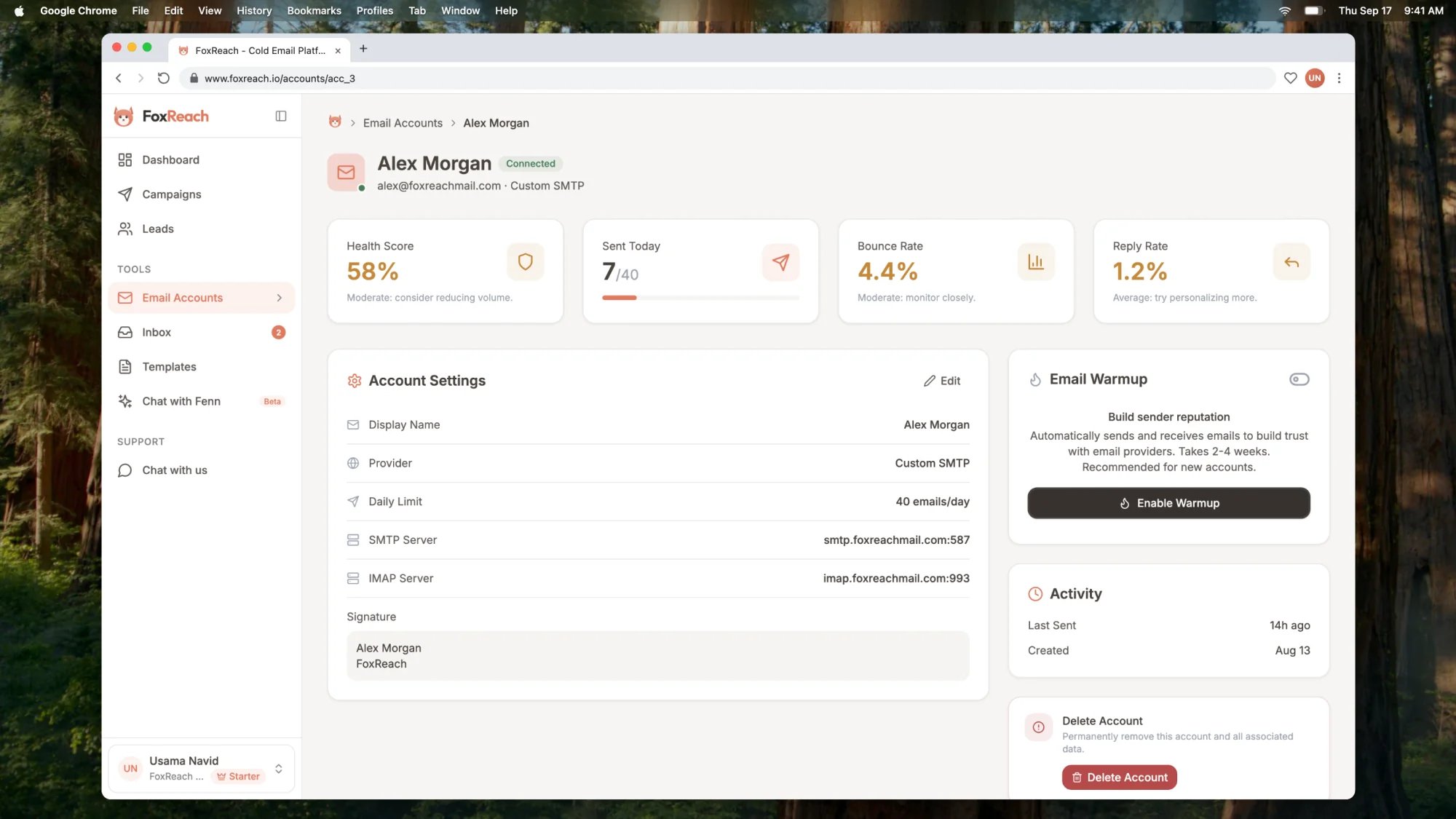 The account page for alex@foxreachmail.com, a freshly connected inbox, with the Build sender reputation panel and the Enable Warmup button on the Email Warmup card