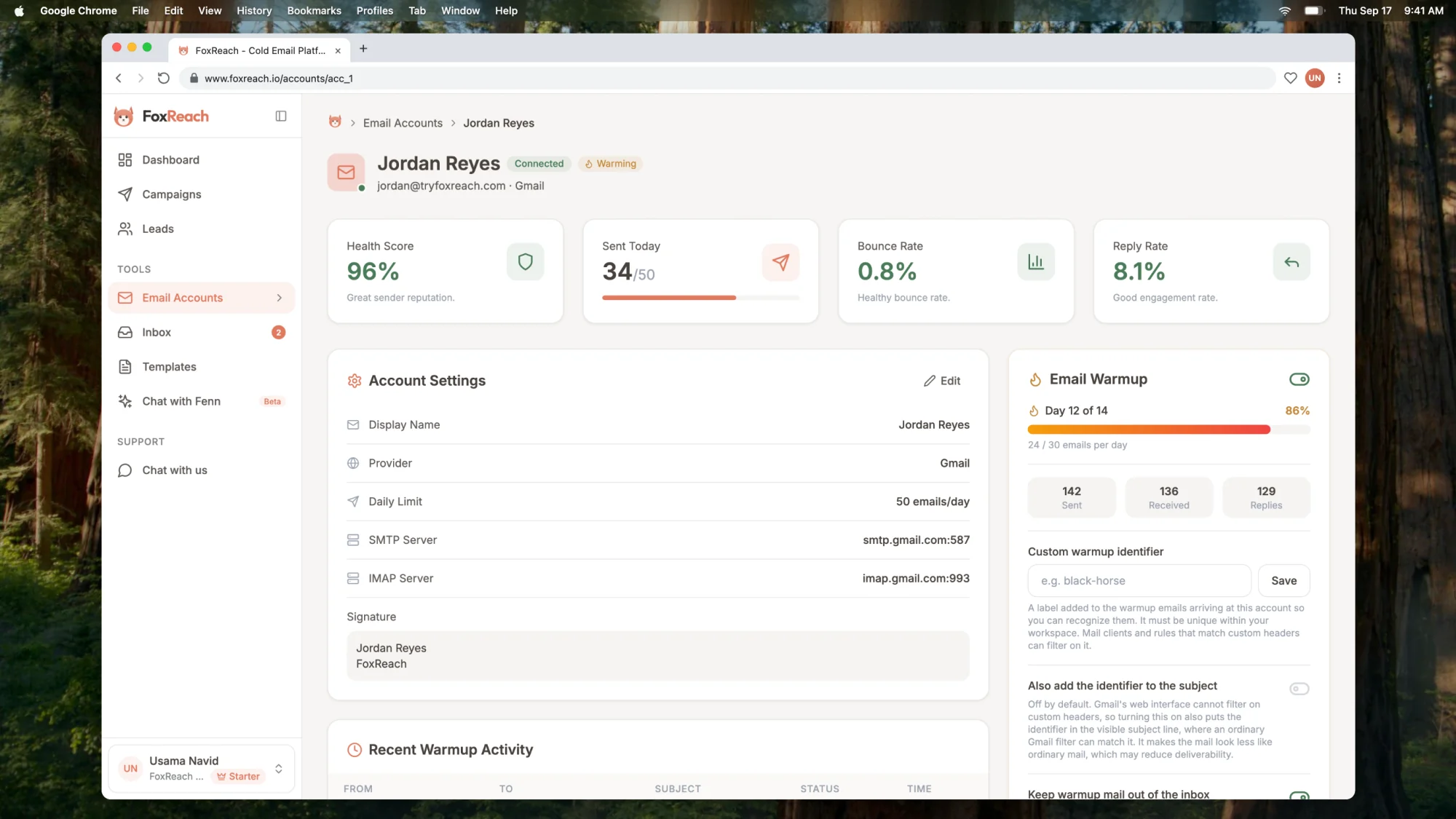 jordan@tryfoxreach.com twelve days into warmup, with the Email Warmup card showing Day 12 of 14, a daily target of 24 of 30 emails per day and the account's health score at the top of the page