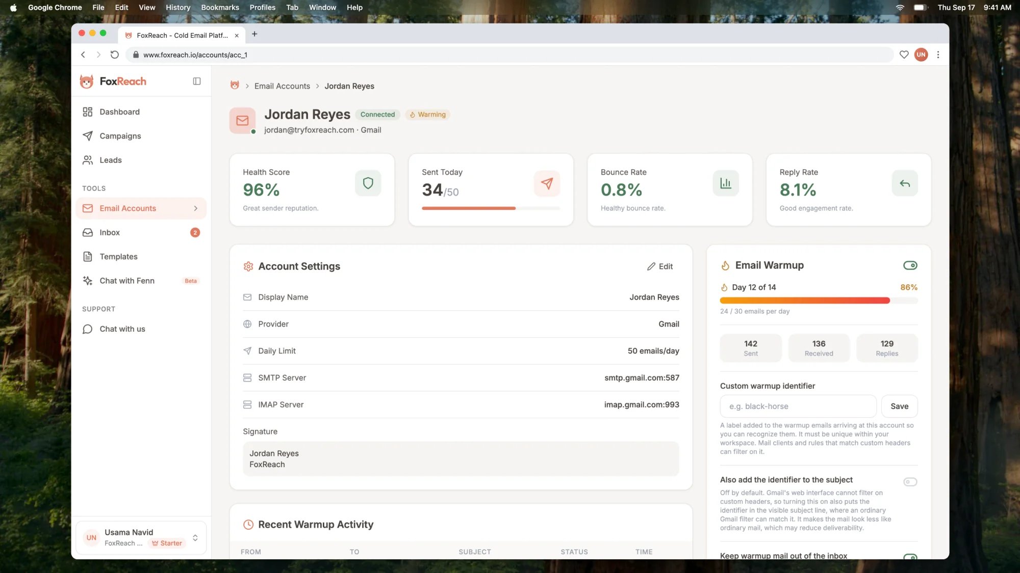 jordan@tryfoxreach.com twelve days into warmup, with the Email Warmup card showing Day 12 of 14, a daily target of 24 of 30 emails per day and the account's health score at the top of the page