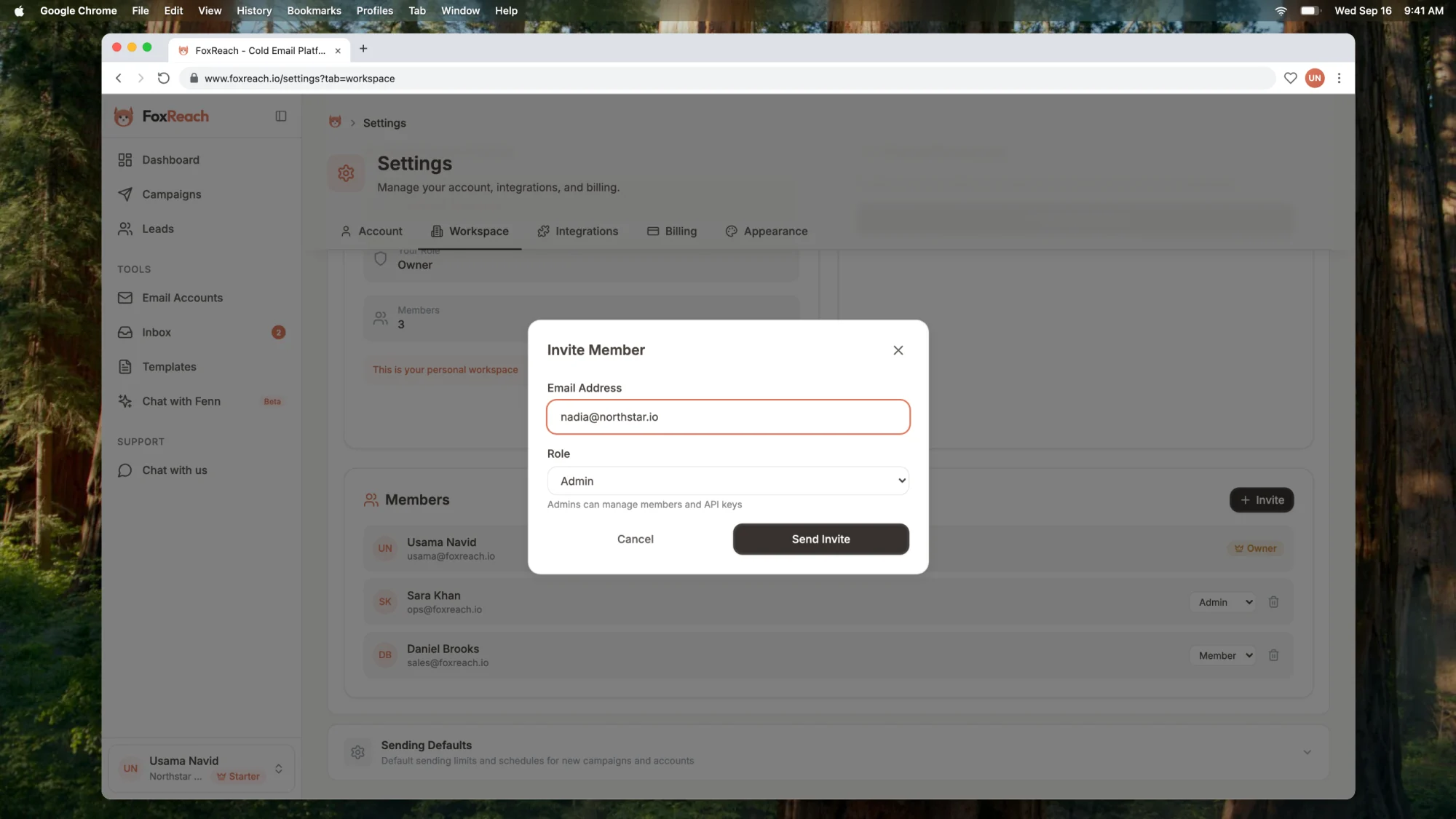 Inviting a teammate to a FoxReach workspace with a role
