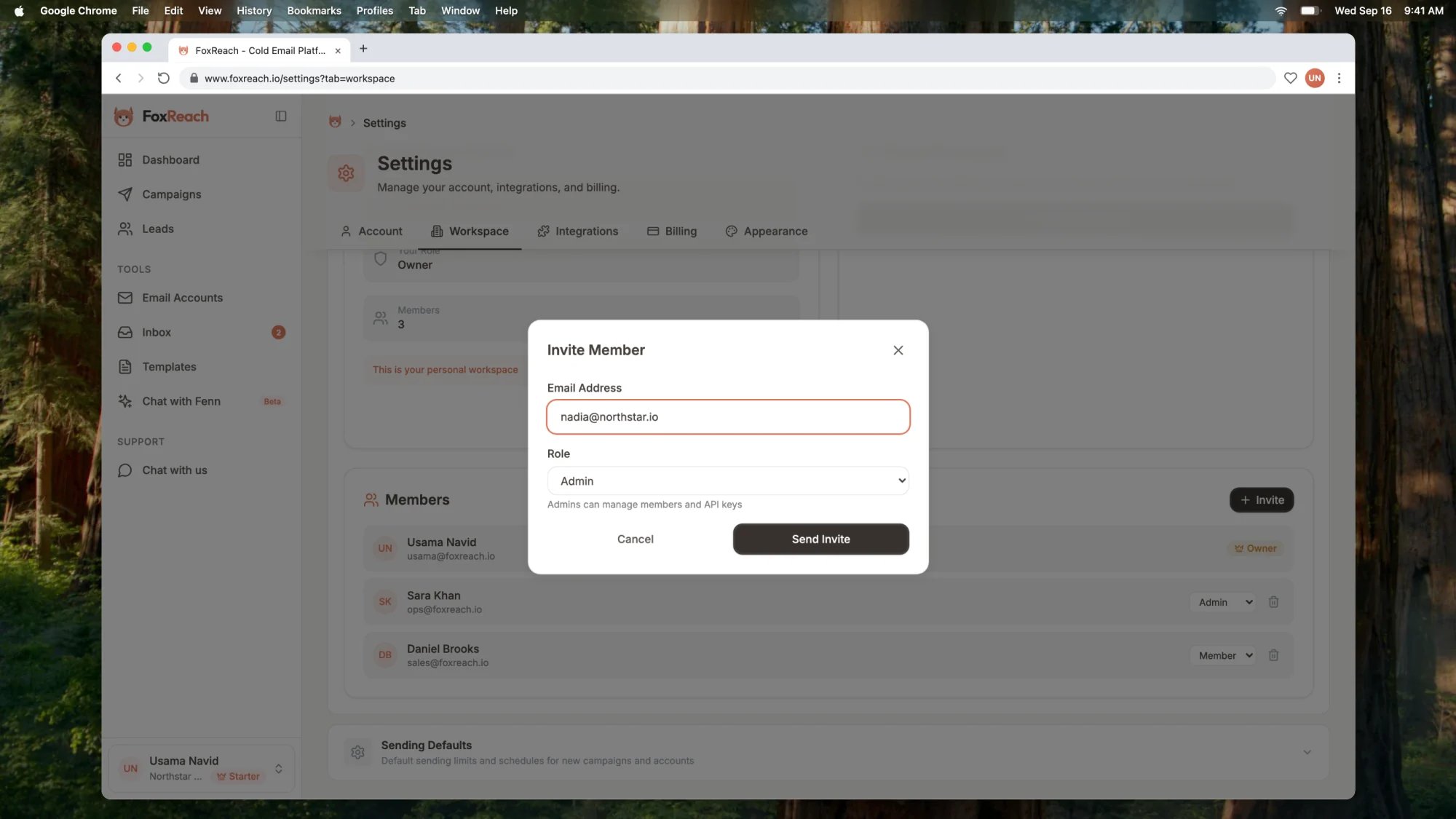 Inviting a teammate to a FoxReach workspace with a role