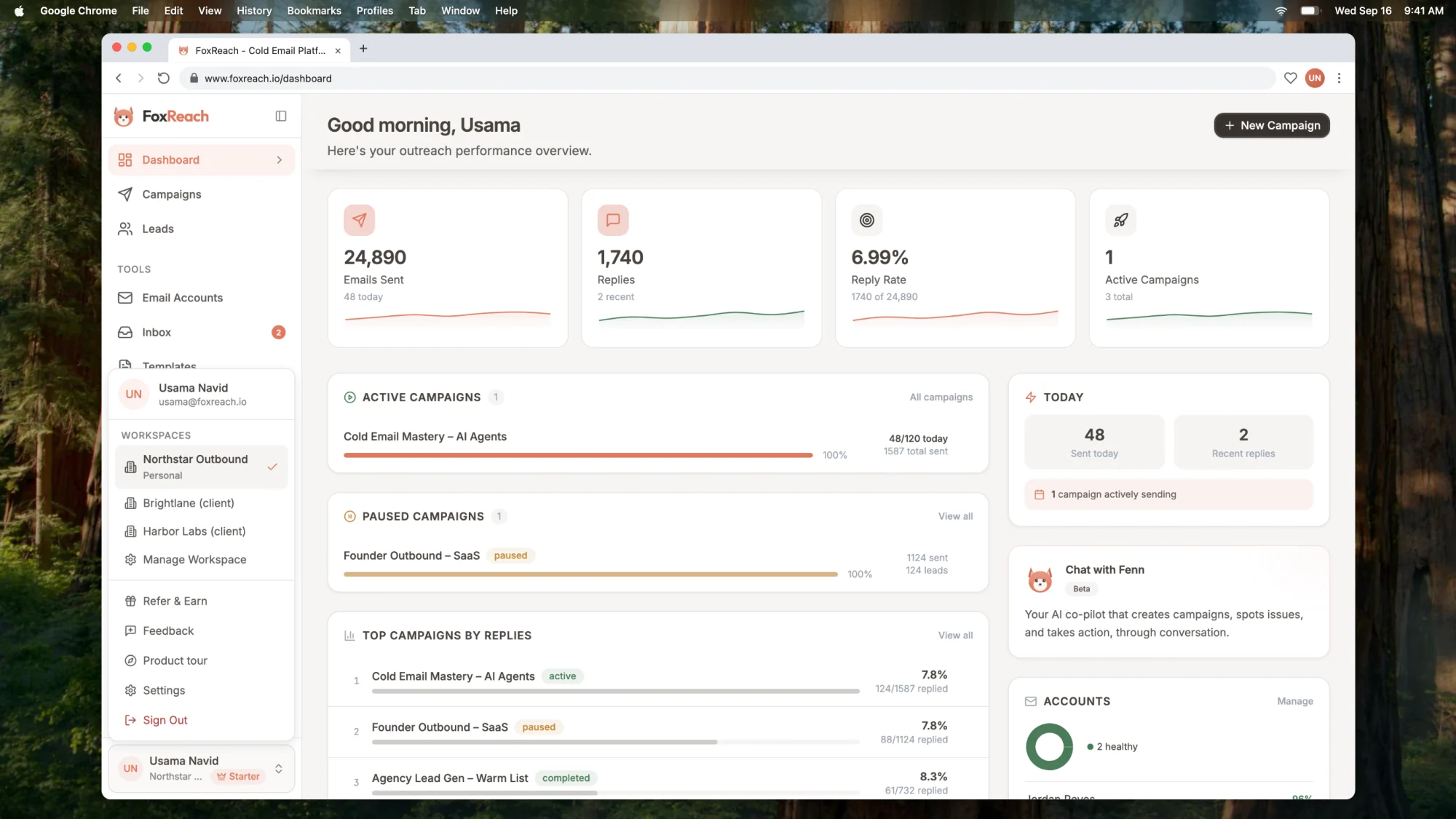 The workspace switcher in the FoxReach sidebar user menu