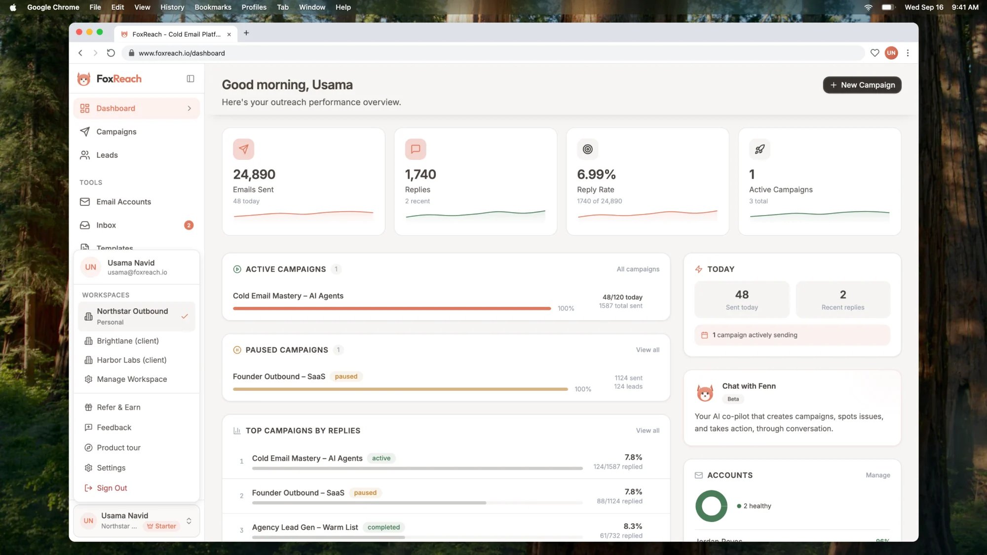 The workspace switcher in the FoxReach sidebar user menu