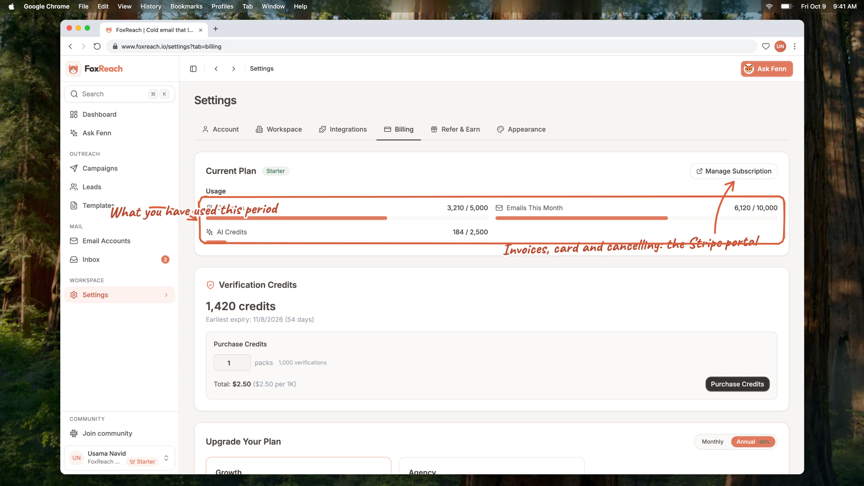 The Billing tab on a Starter workspace: the current plan with the Manage Subscription button, usage bars for contacts, emails and AI credits, and the verification credit balance with the Purchase Credits box