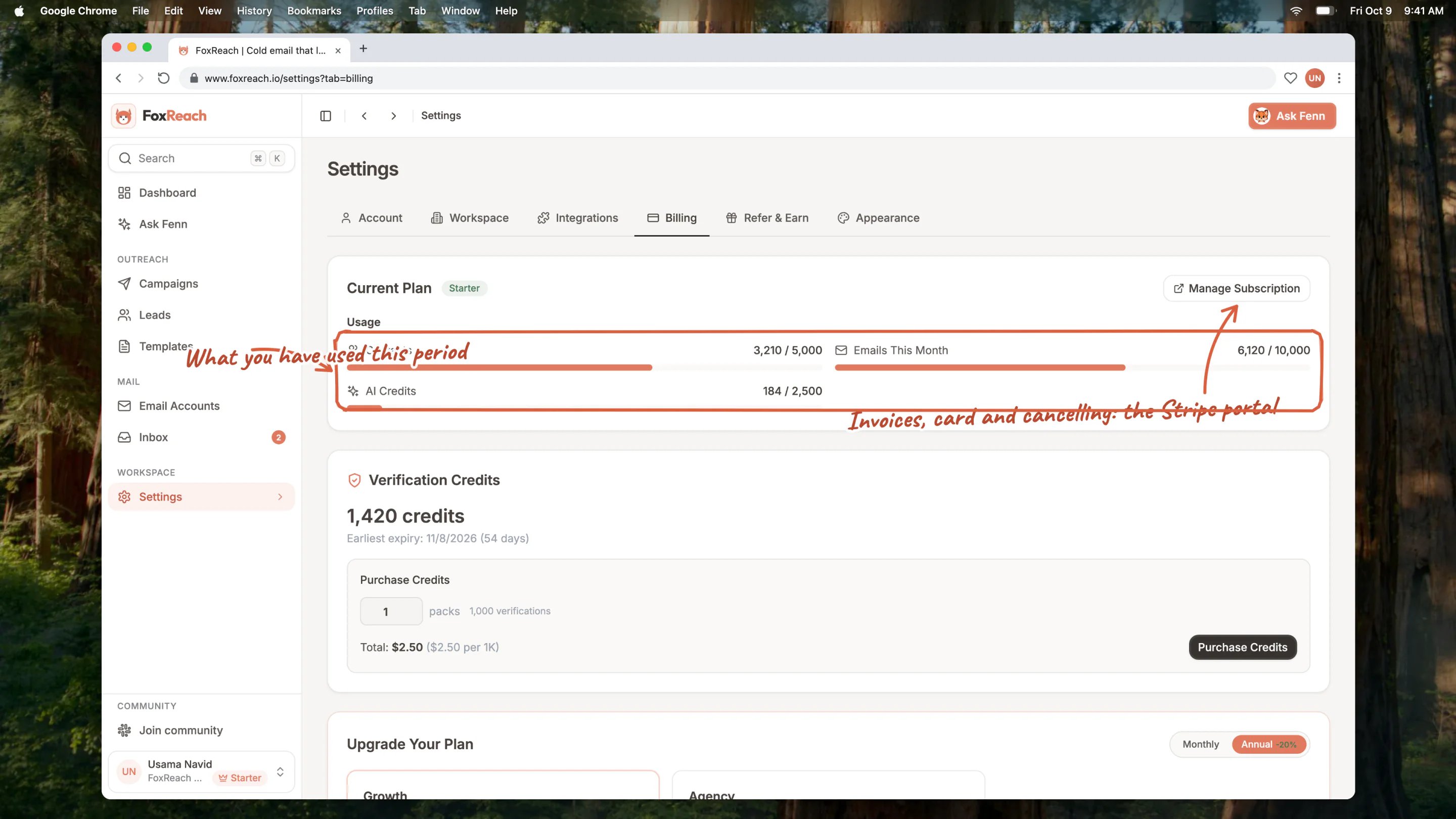 The Billing tab on a Starter workspace: the current plan with the Manage Subscription button, usage bars for contacts, emails and AI credits, and the verification credit balance with the Purchase Credits box