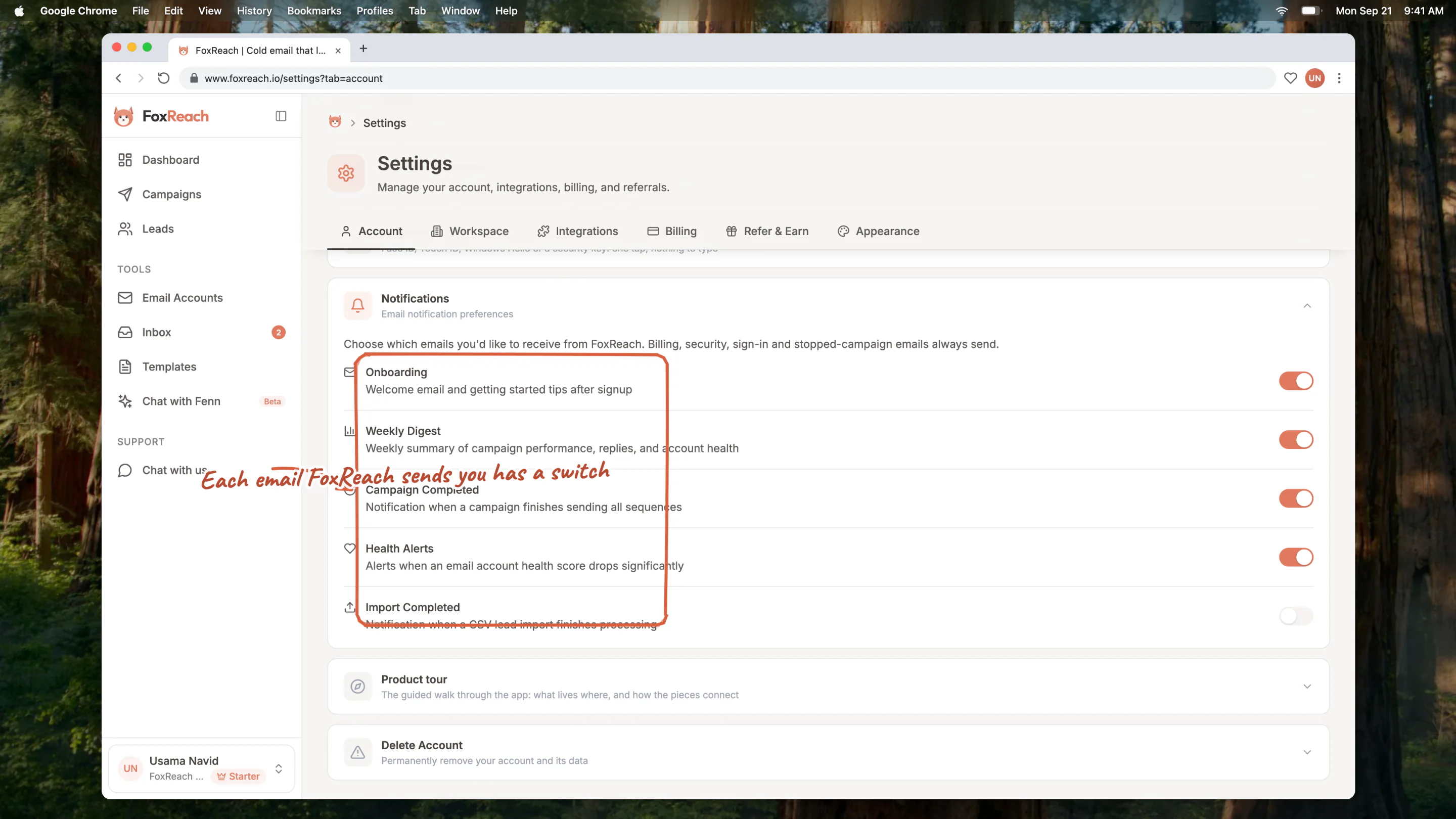 The Notifications section with a switch for each kind of email: Onboarding, Weekly Digest, Campaign Completed, Health Alerts and Import Completed