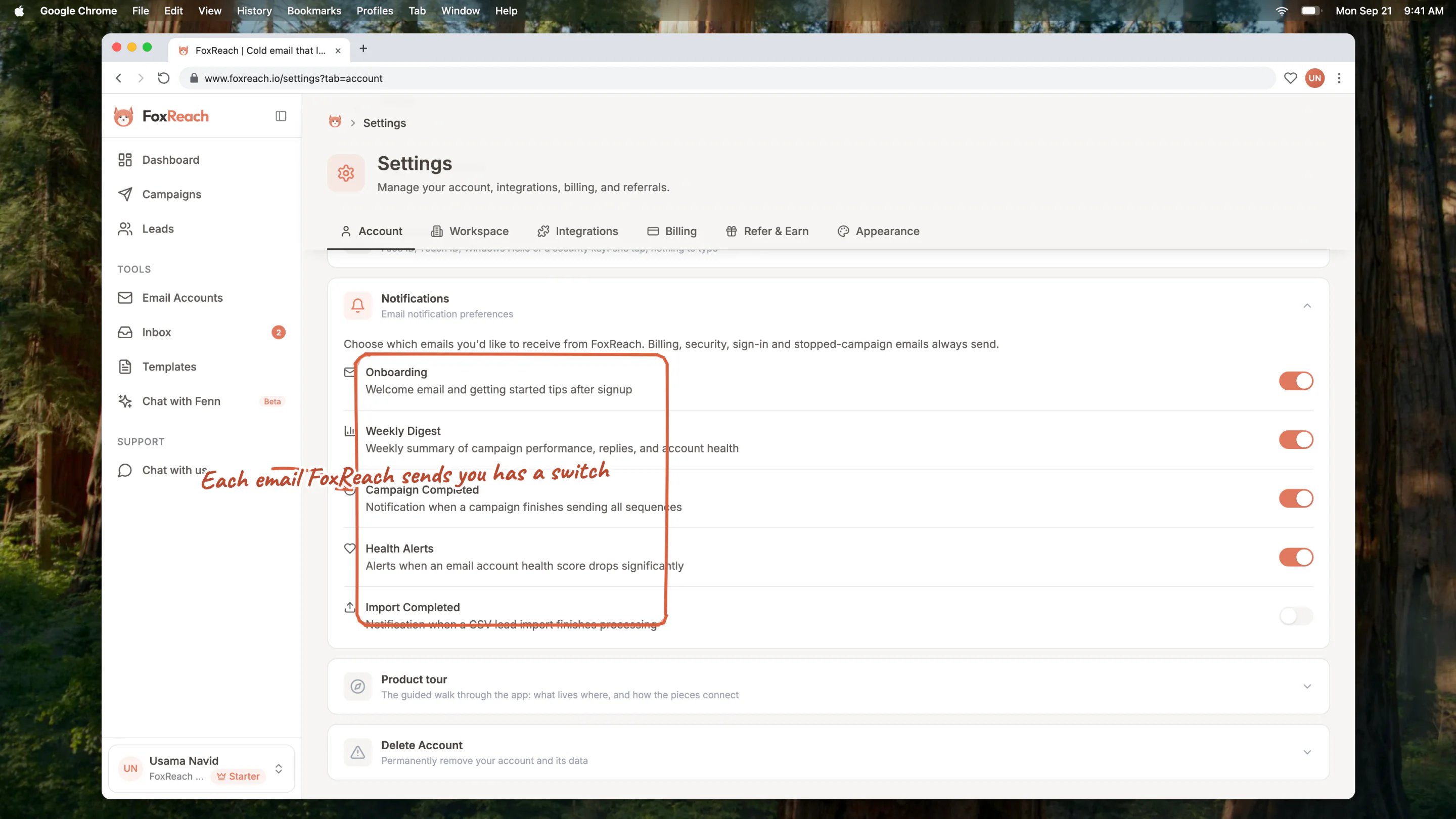 The Notifications section with a switch for each kind of email: Onboarding, Weekly Digest, Campaign Completed, Health Alerts and Import Completed