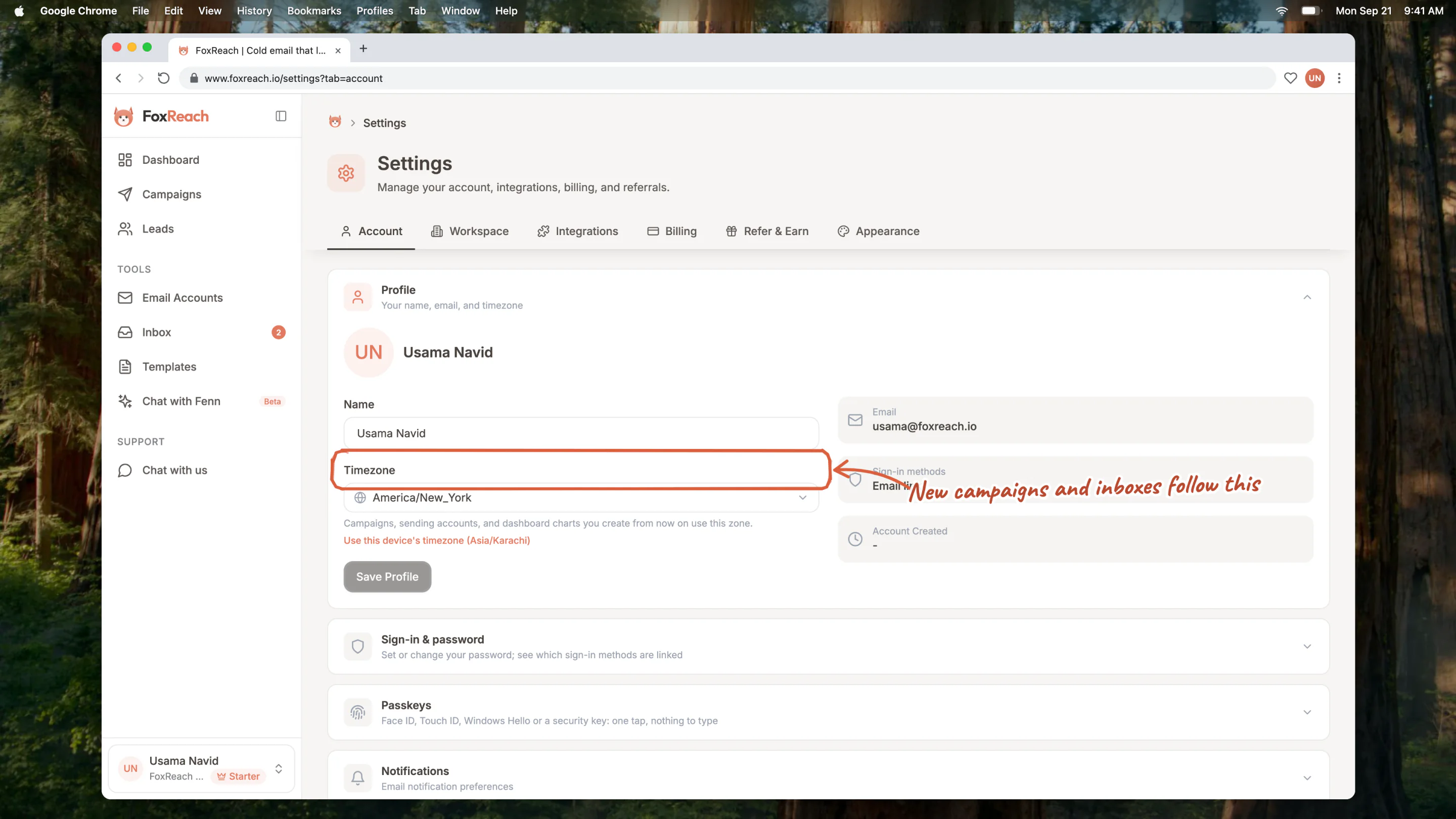 The Profile section of the Account tab with the name and timezone fields, the Use this device's timezone shortcut, and the email and sign-in methods beside them