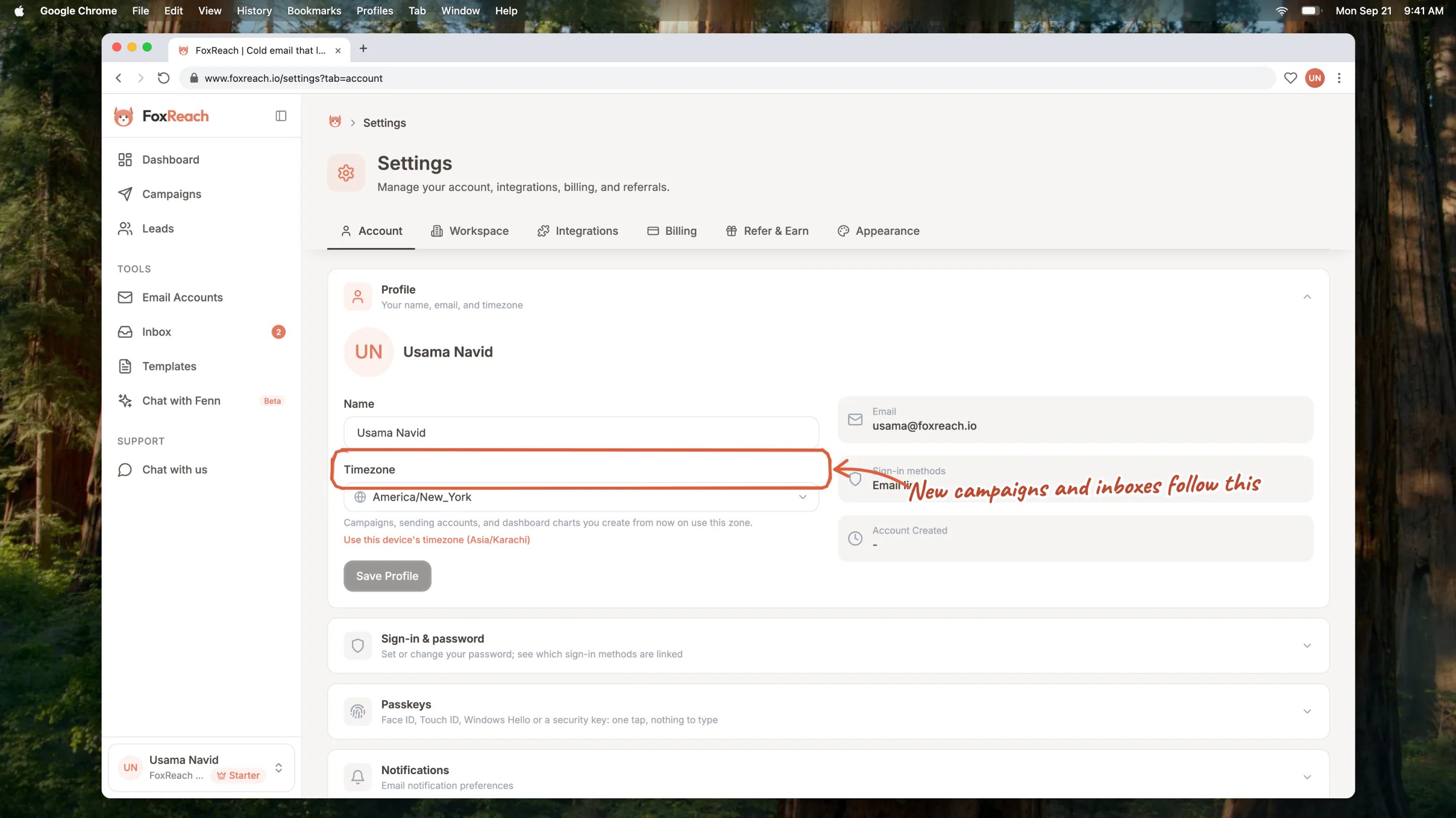 The Profile section of the Account tab with the name and timezone fields, the Use this device's timezone shortcut, and the email and sign-in methods beside them