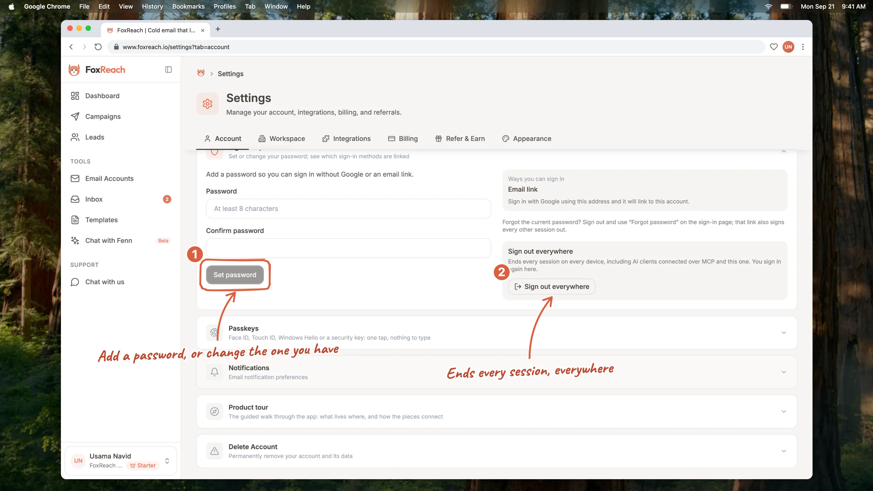 The Sign-in & password section on an account without a password yet, with the new password form and the Set password button