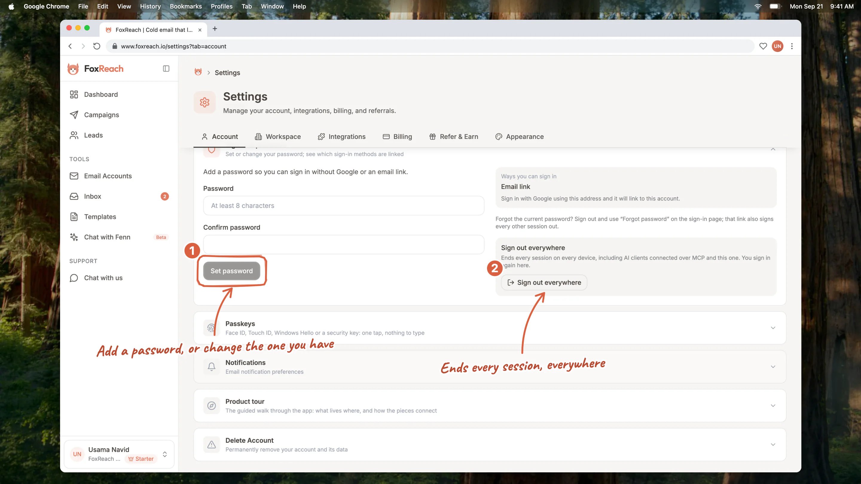 The Sign-in & password section on an account without a password yet, with the new password form and the Set password button