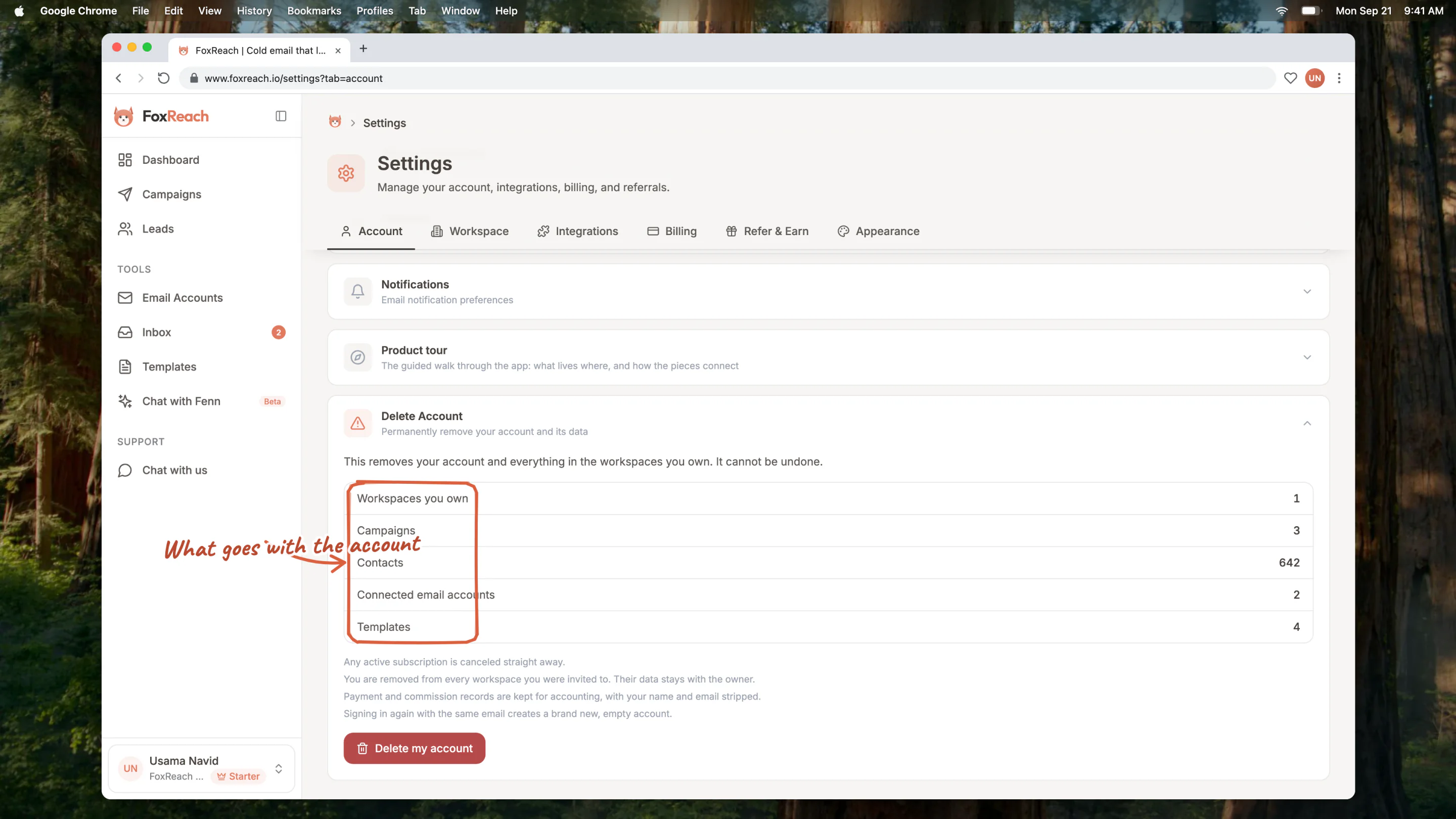 The Delete Account section listing what would be removed: workspaces you own, campaigns, contacts, connected email accounts and templates