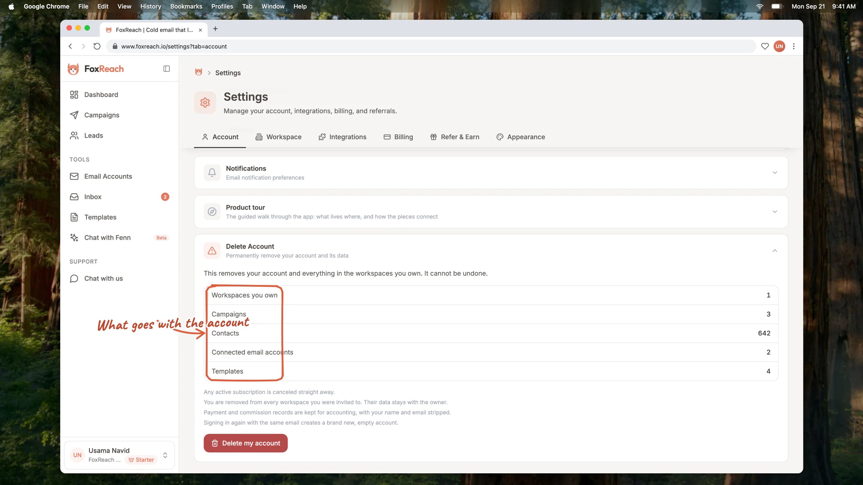 The Delete Account section listing what would be removed: workspaces you own, campaigns, contacts, connected email accounts and templates