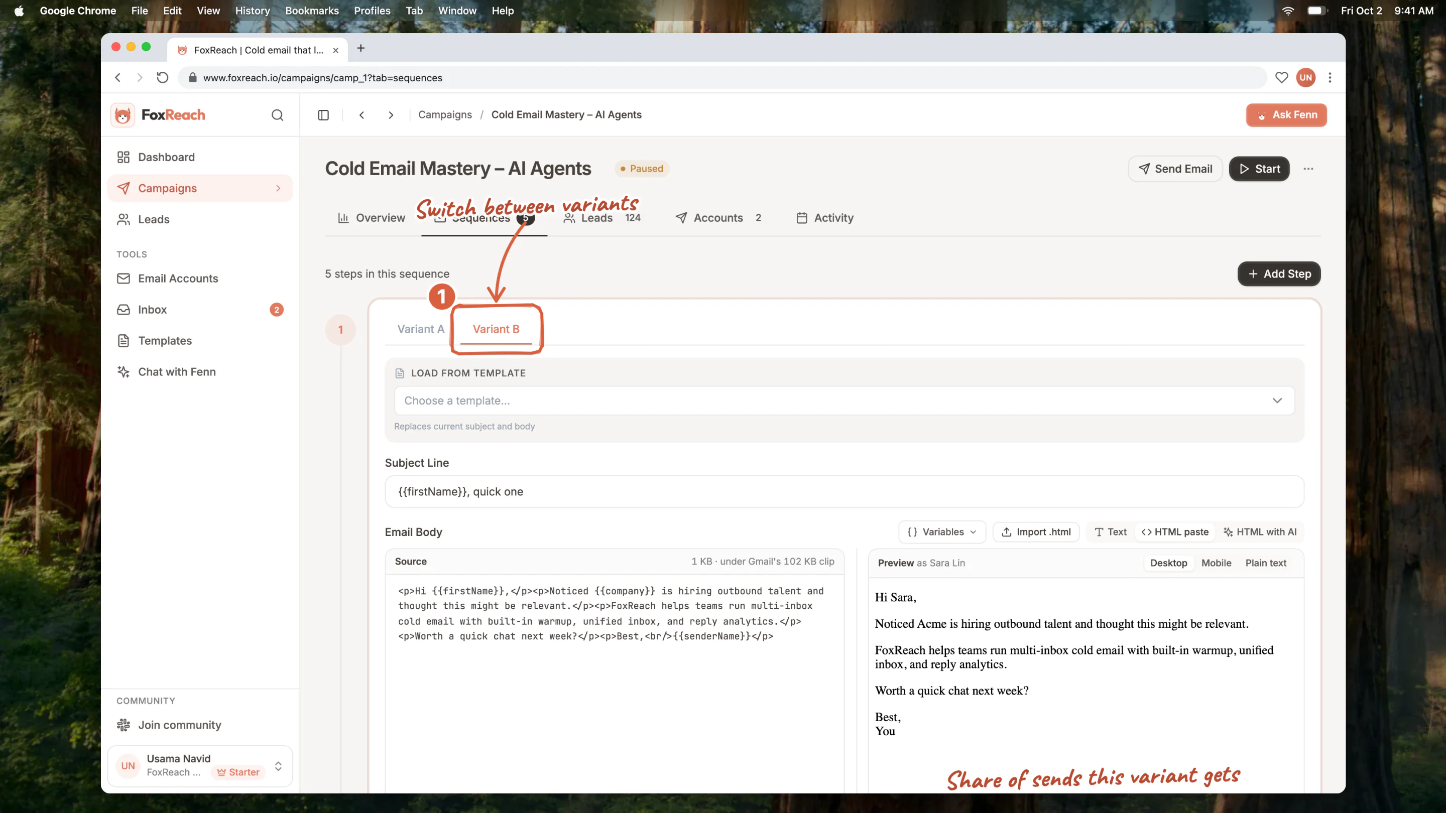 Editing variant B with its own subject line and body