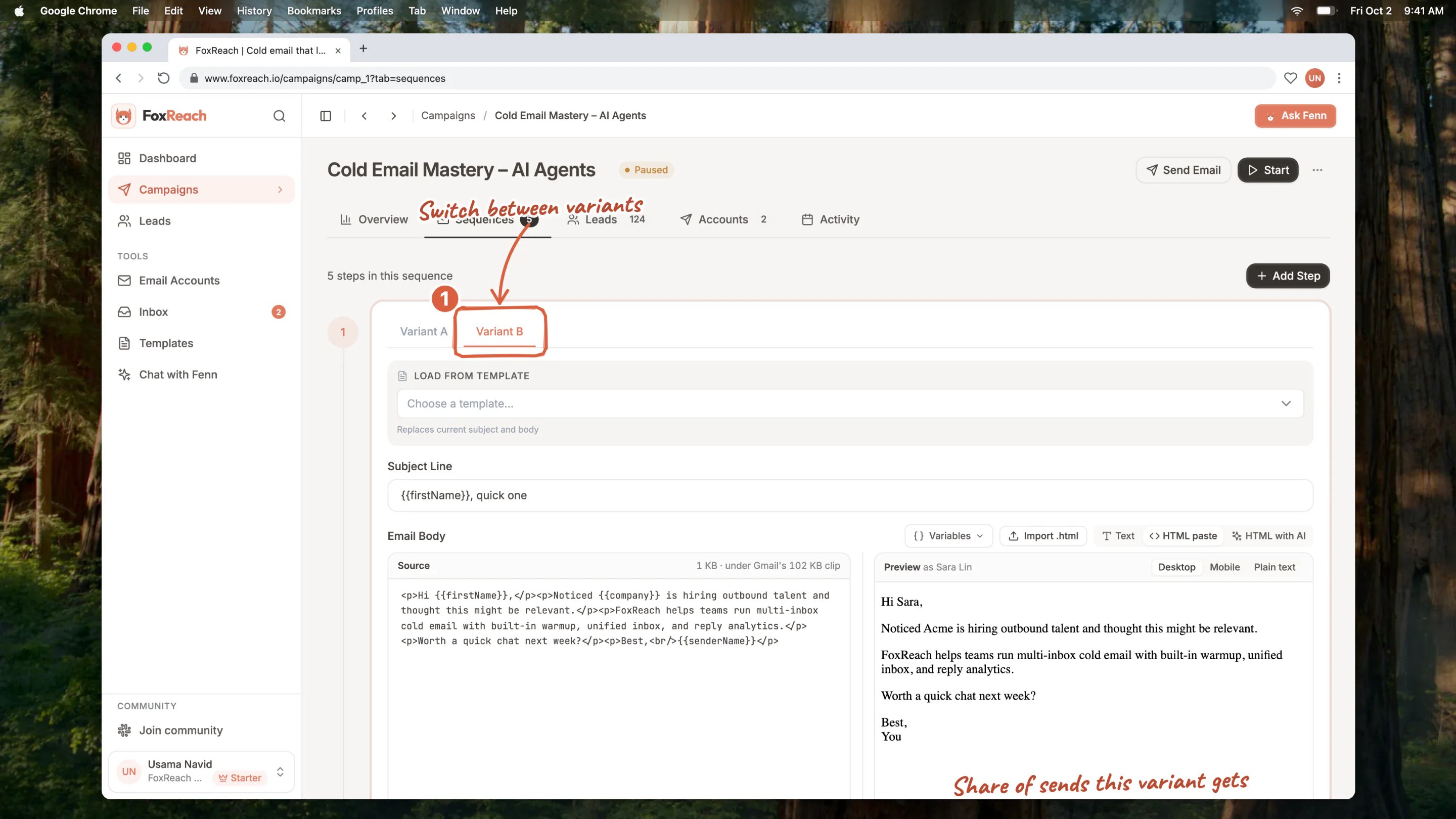 Editing variant B with its own subject line and body