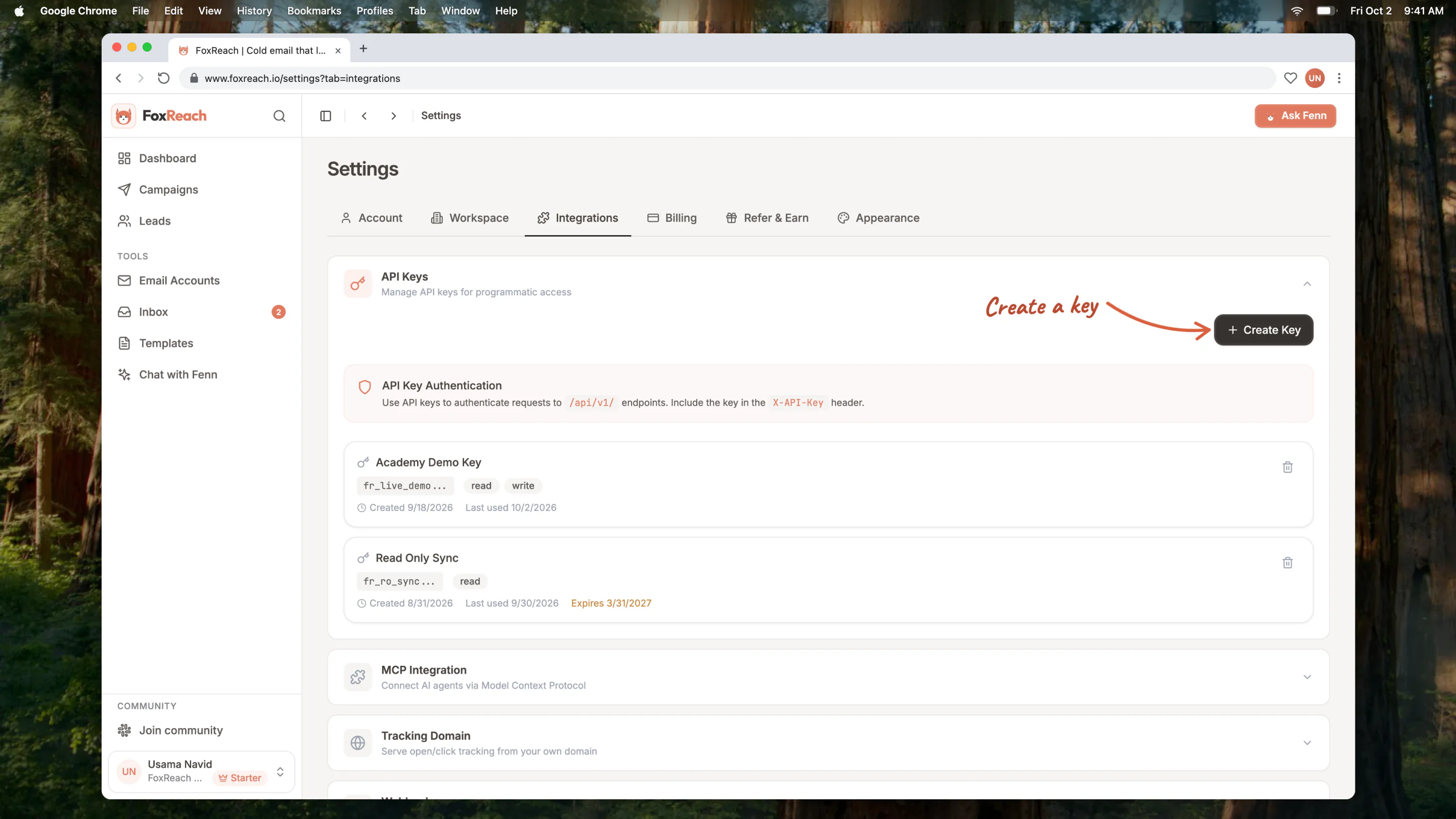 Settings > Integrations in FoxReach with the API Keys section expanded, showing the HubSpot sync key with its prefix, scopes, and created date