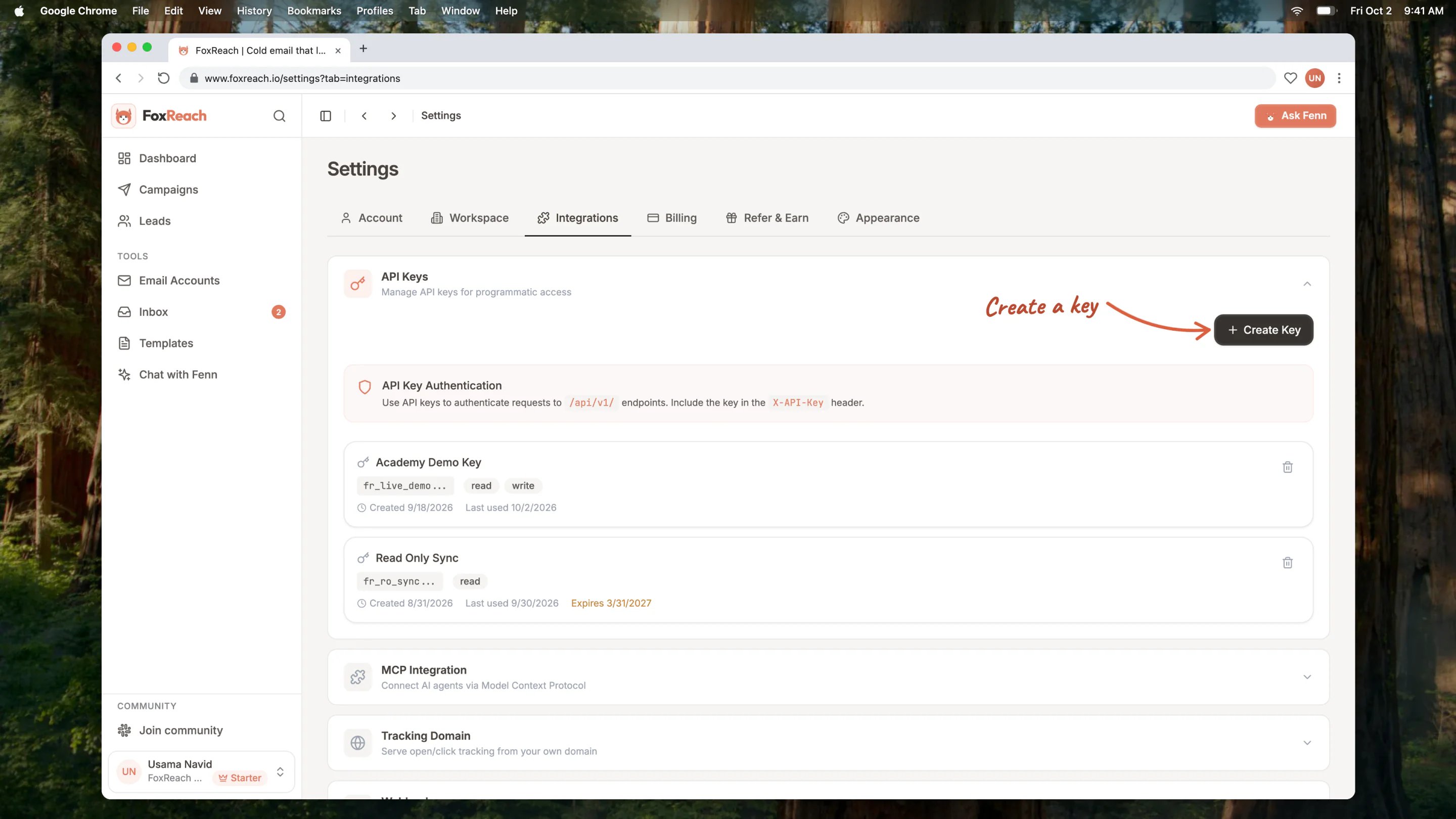 Settings > Integrations in FoxReach with the API Keys section expanded, showing the HubSpot sync key with its prefix, scopes, and created date