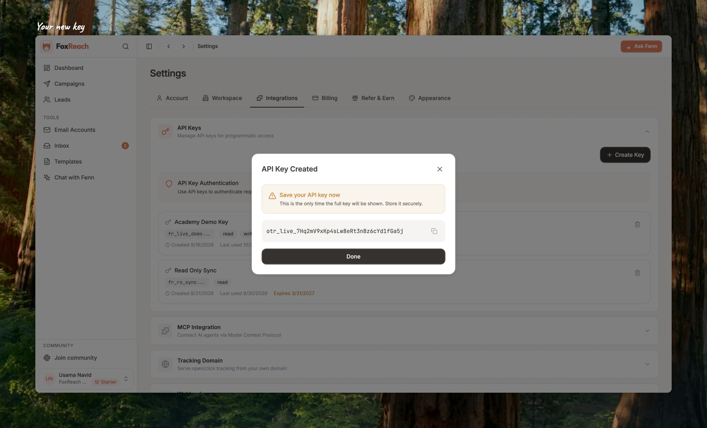 Close-up of the API Key Created dialog with the full otr_ key, shown only once