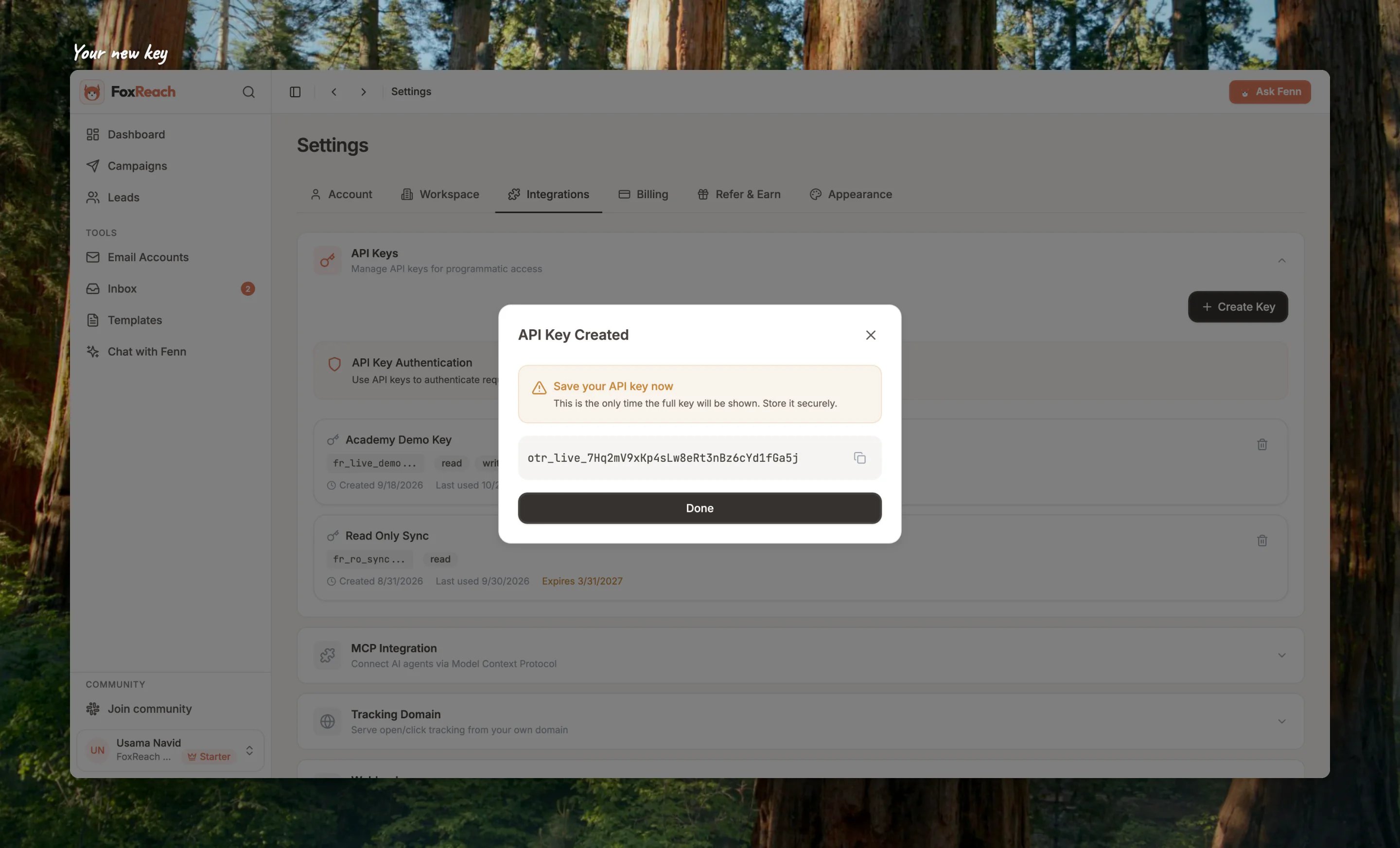 Close-up of the API Key Created dialog with the full otr_ key, shown only once