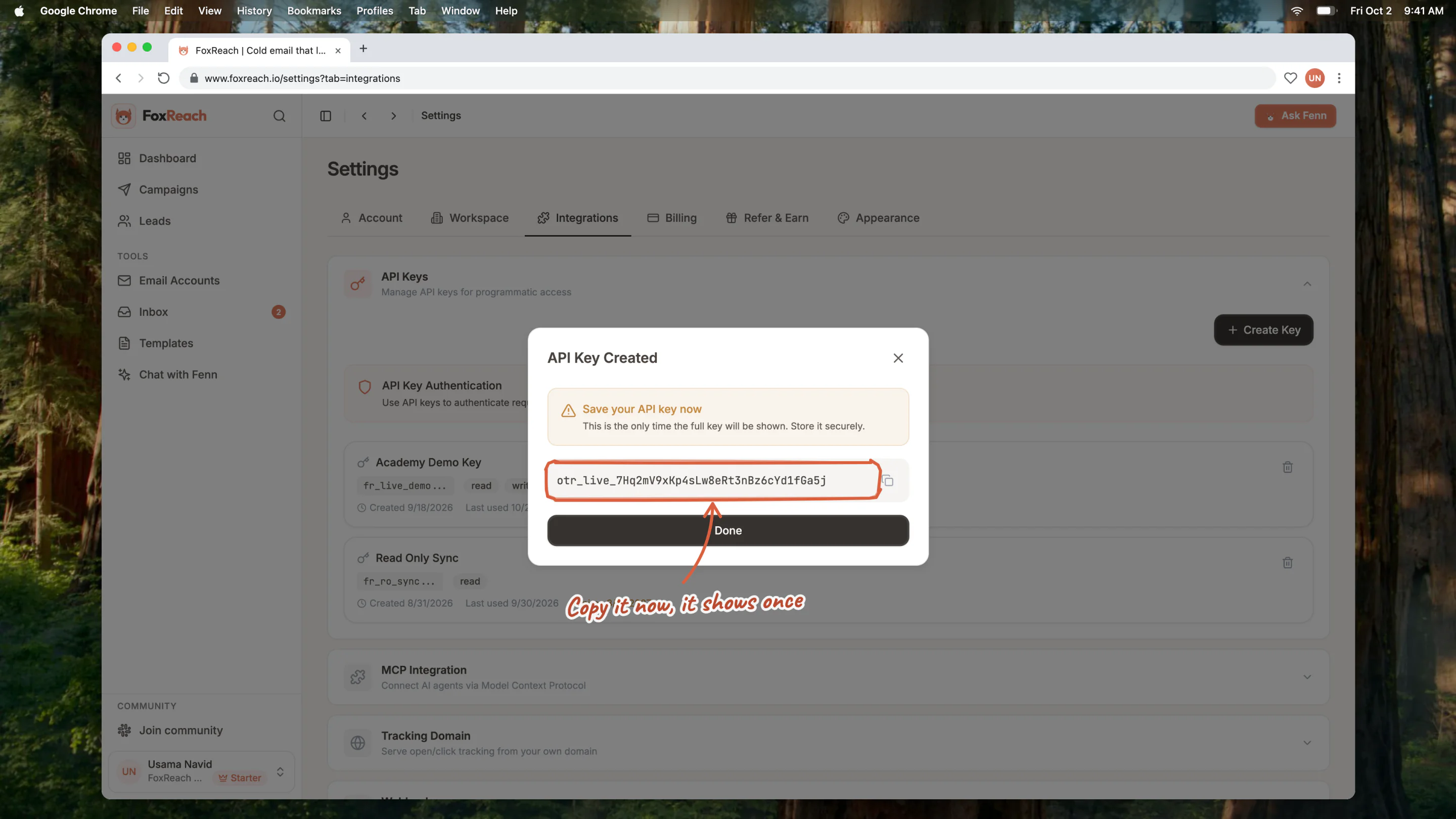 The API Key Created dialog in FoxReach, the one place the full otr_ key is shown