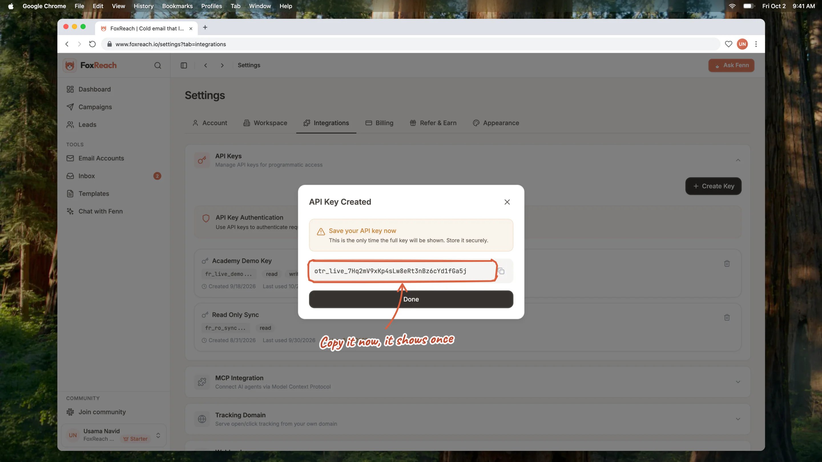 The API Key Created dialog in FoxReach, the one place the full otr_ key is shown