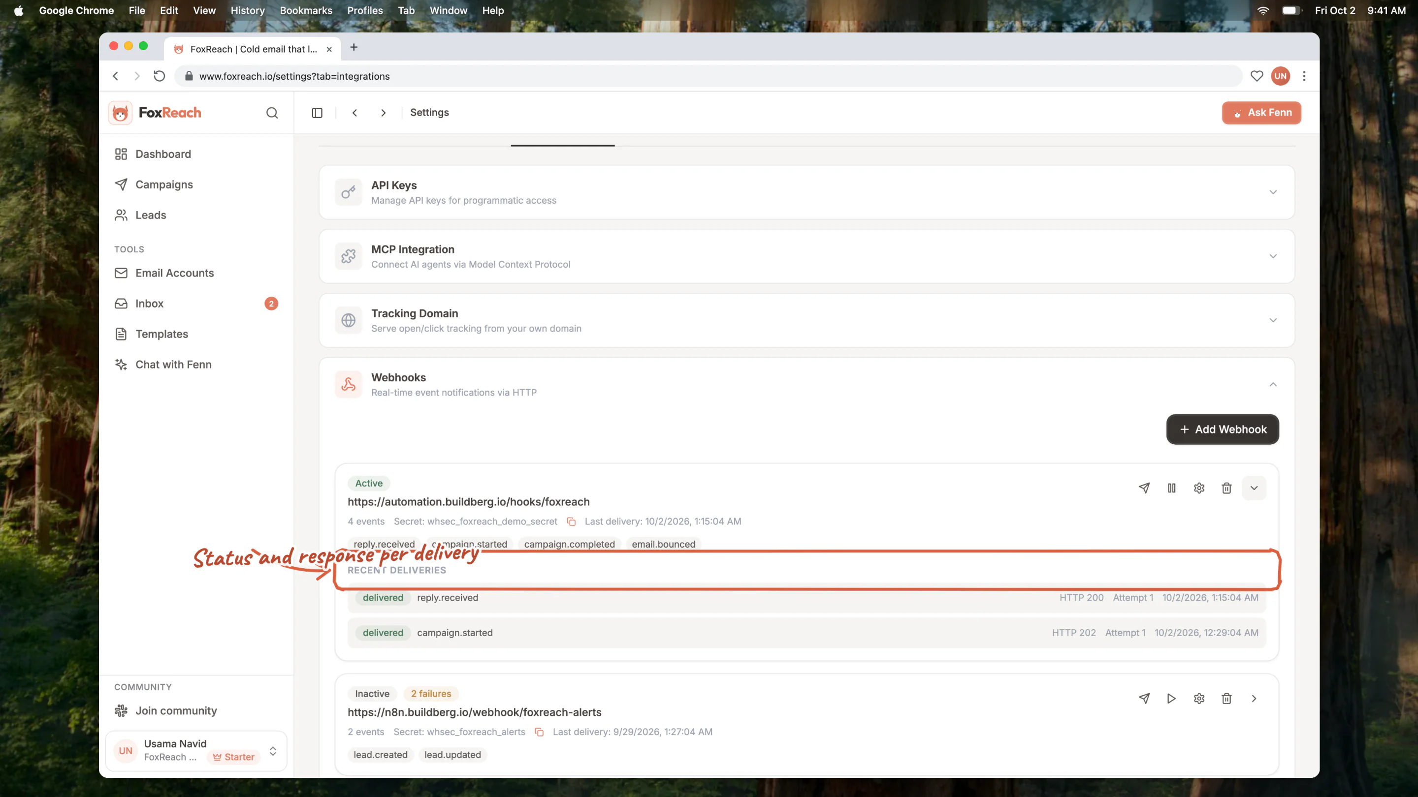 The Recent Deliveries list on a webhook card in FoxReach, with the status and response of each delivery