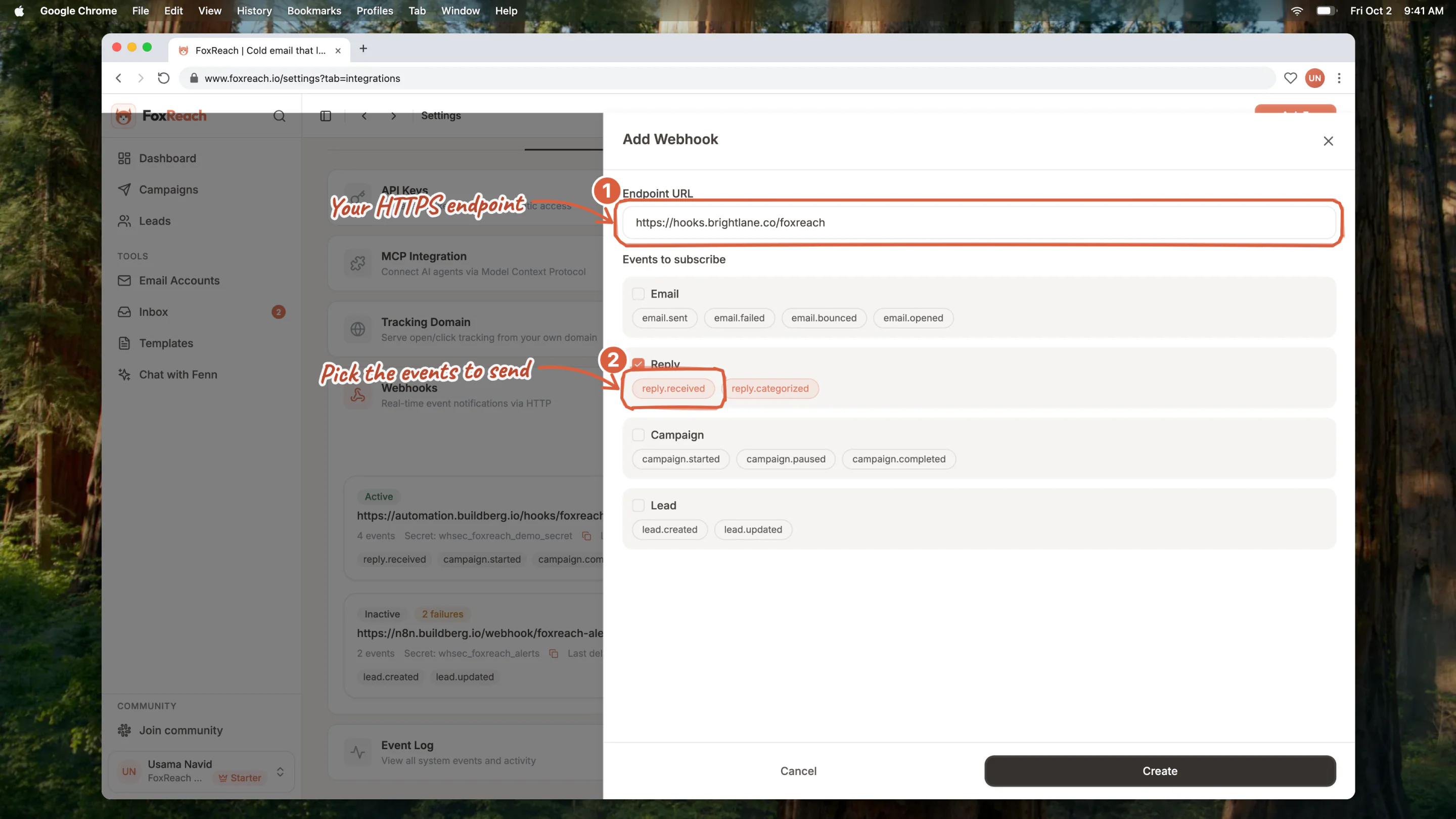 The Add Webhook sheet in FoxReach with the Endpoint URL filled in and reply events ticked under Events to subscribe