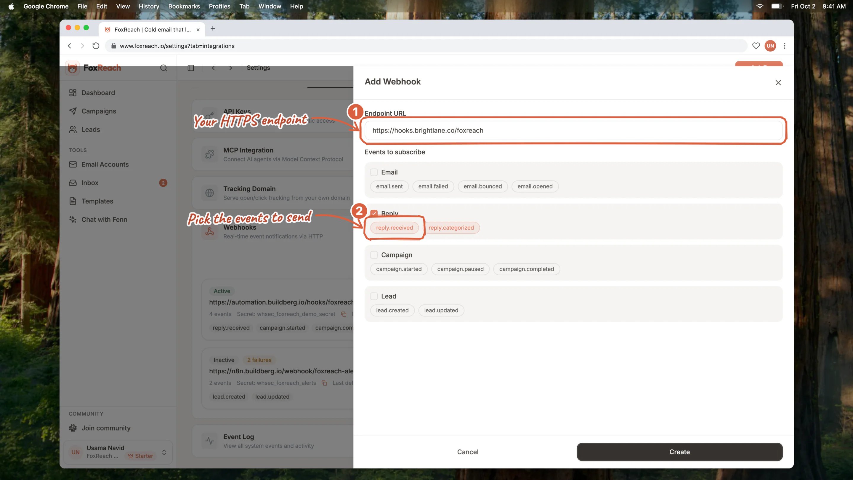 The Add Webhook sheet in FoxReach with the endpoint URL filled in and the reply.received, reply.categorized, and campaign.started events selected