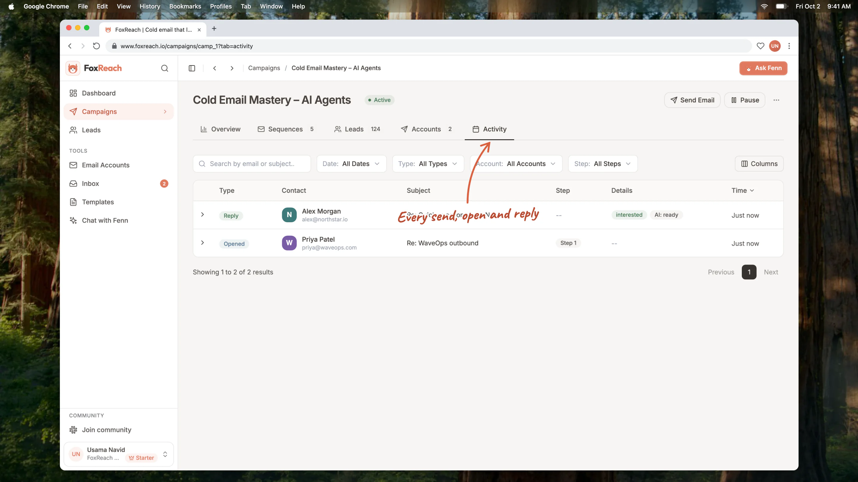 The campaign Activity tab listing sent, opened and replied events with the step number and the sending account for each