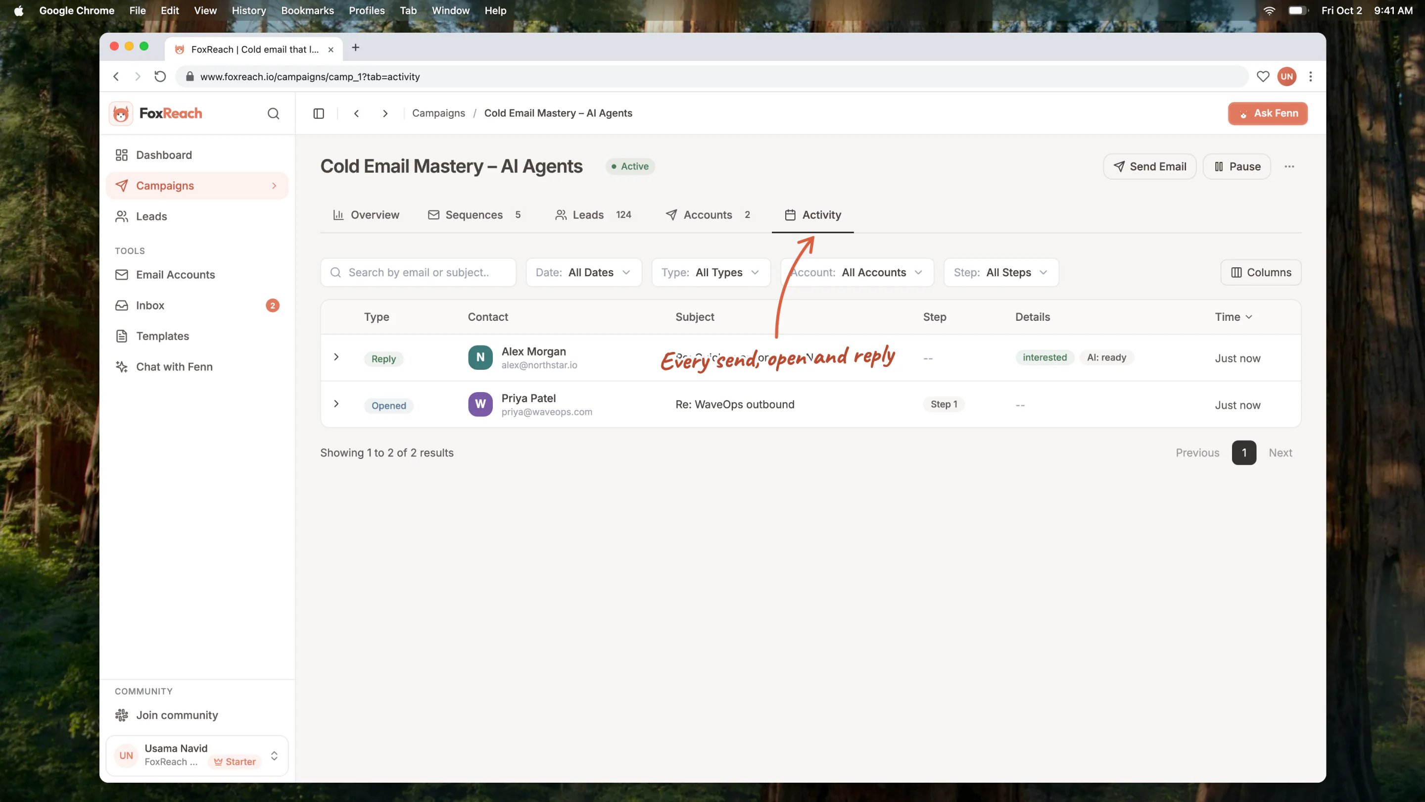 The campaign Activity tab listing sent, opened and replied events with the step number and the sending account for each