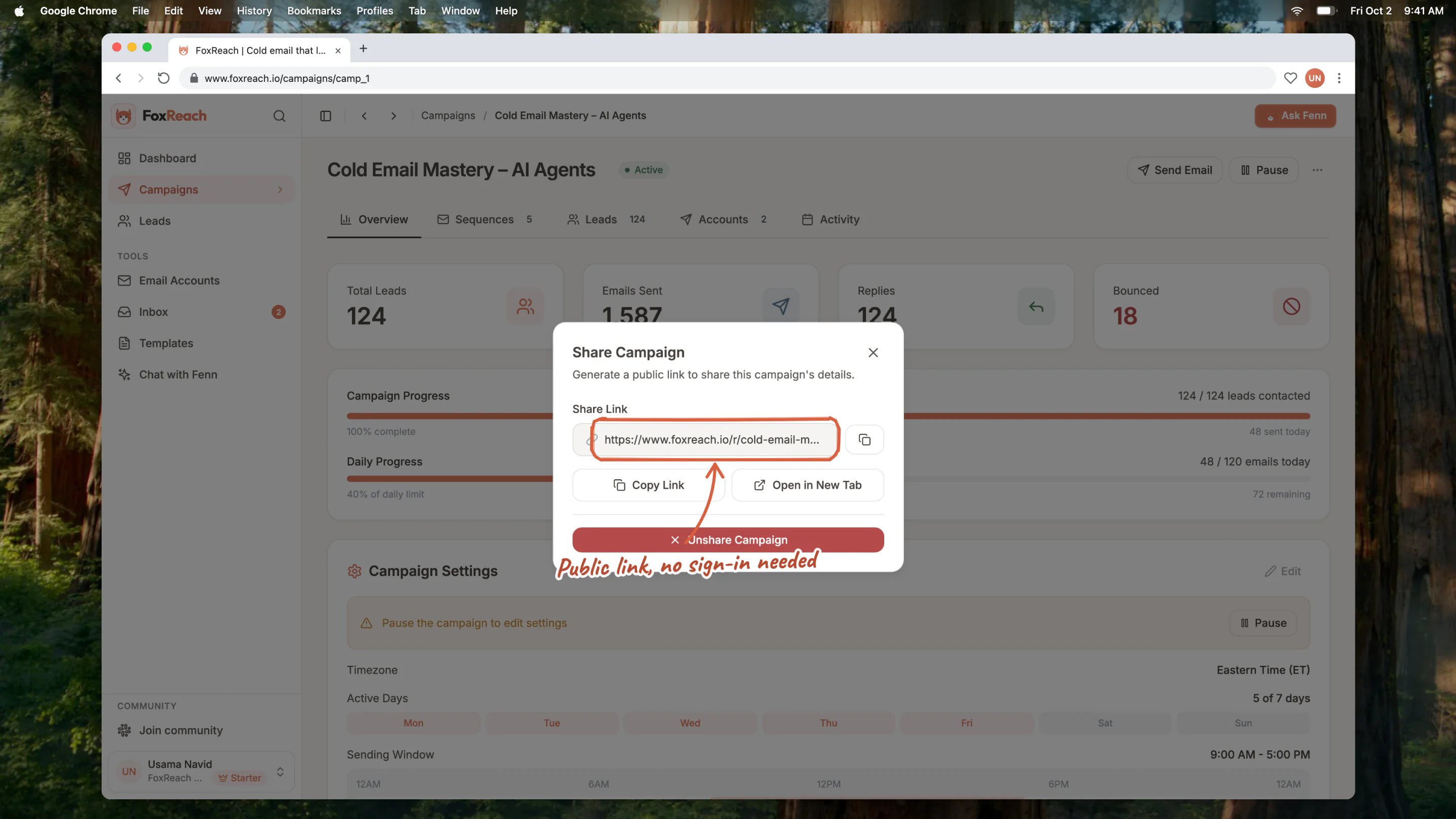 The Share Campaign dialog with the generated public report link, Copy Link and Unshare Campaign buttons