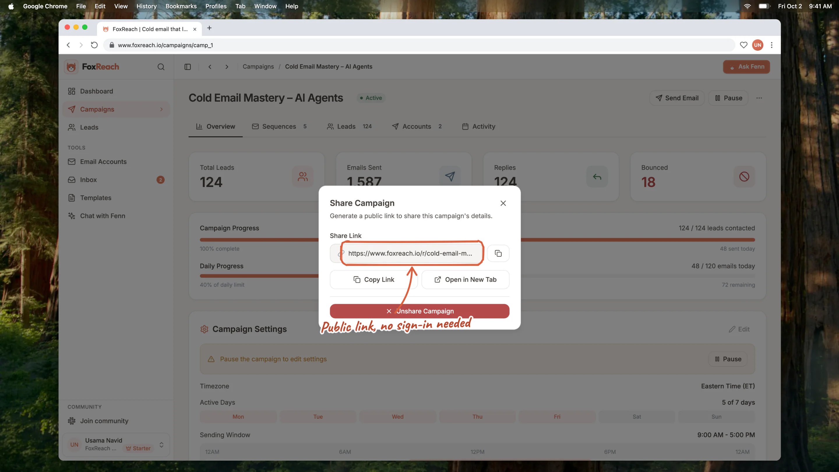 The Share Campaign dialog with the generated public report link, Copy Link and Unshare Campaign buttons