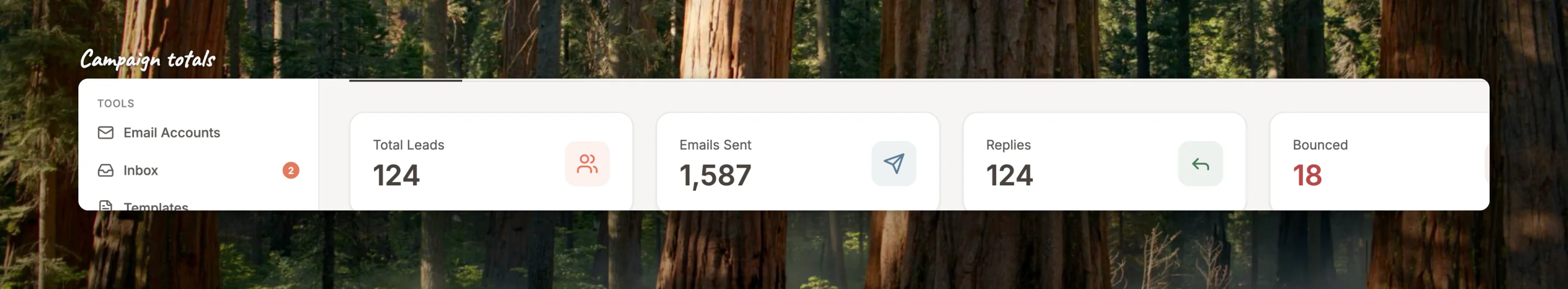 Close-up of the campaign totals row: leads, sent, opened, replied and bounced