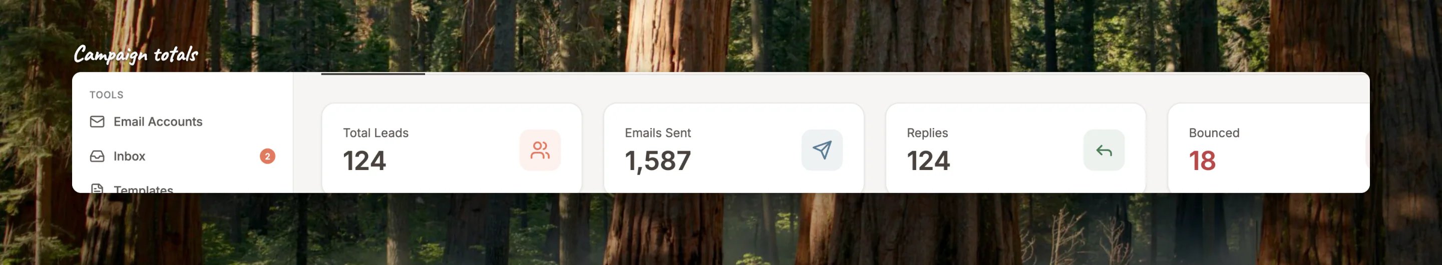 Close-up of the campaign totals row: leads, sent, opened, replied and bounced