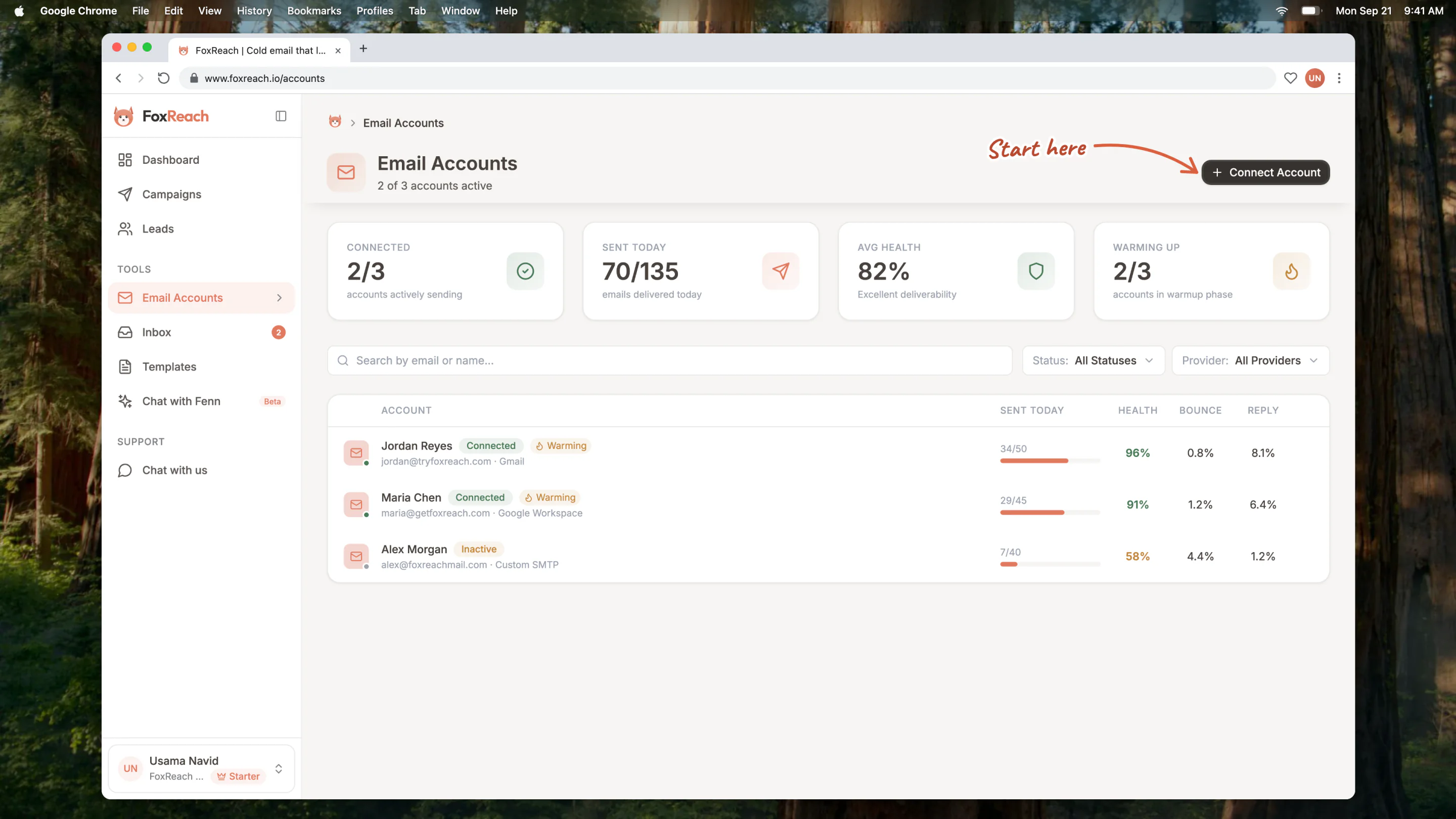 The Email Accounts page with the Connect Account button