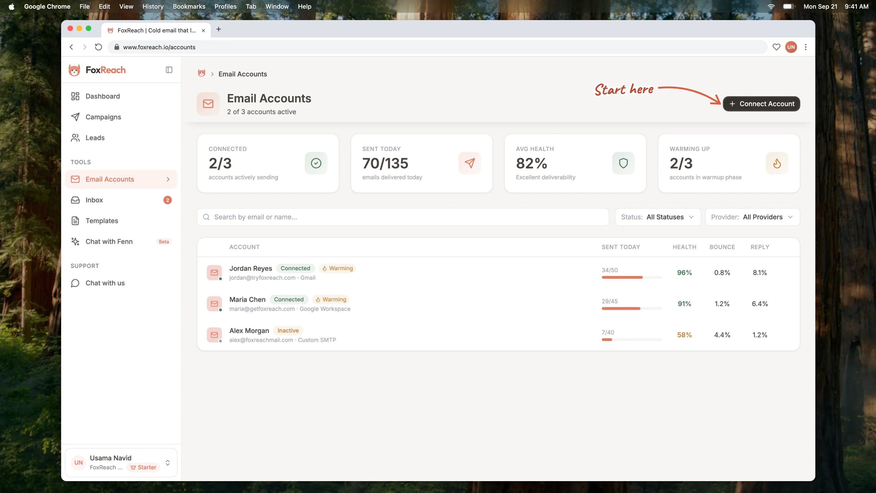 The Email Accounts page with the Connect Account button