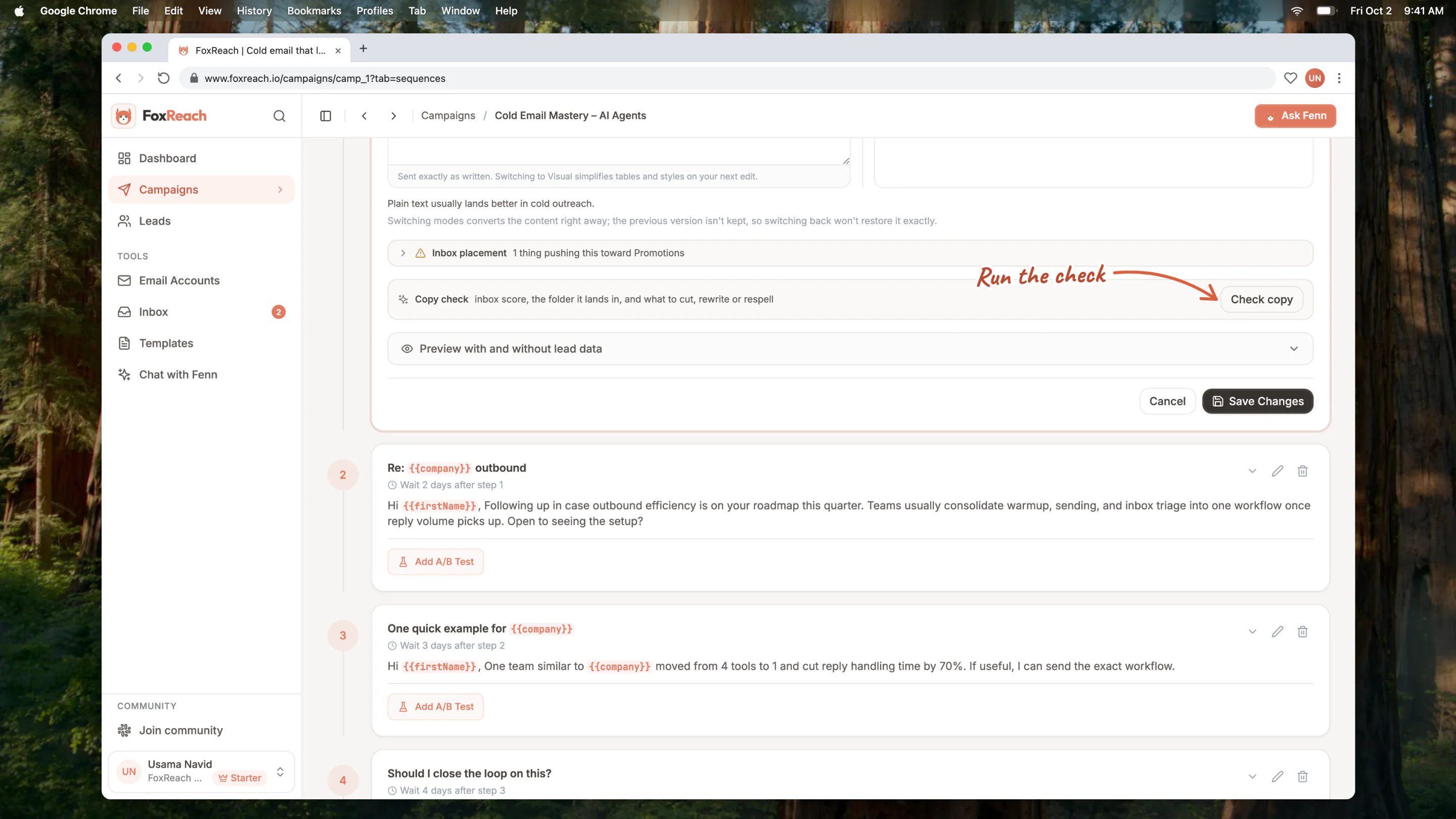 The Copy check panel under a sequence step's body editor in FoxReach