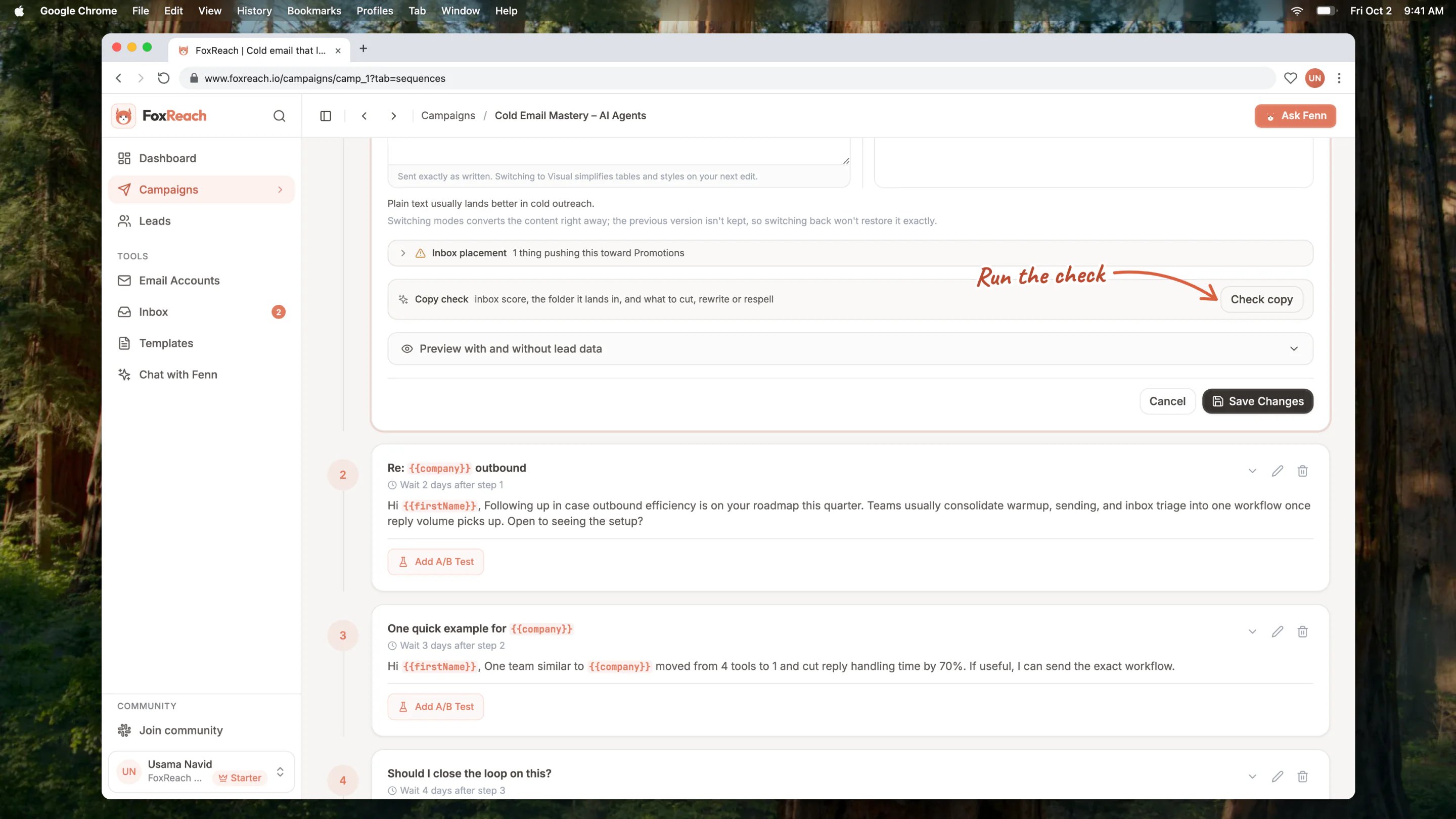 The Copy check panel under a sequence step's body editor in FoxReach