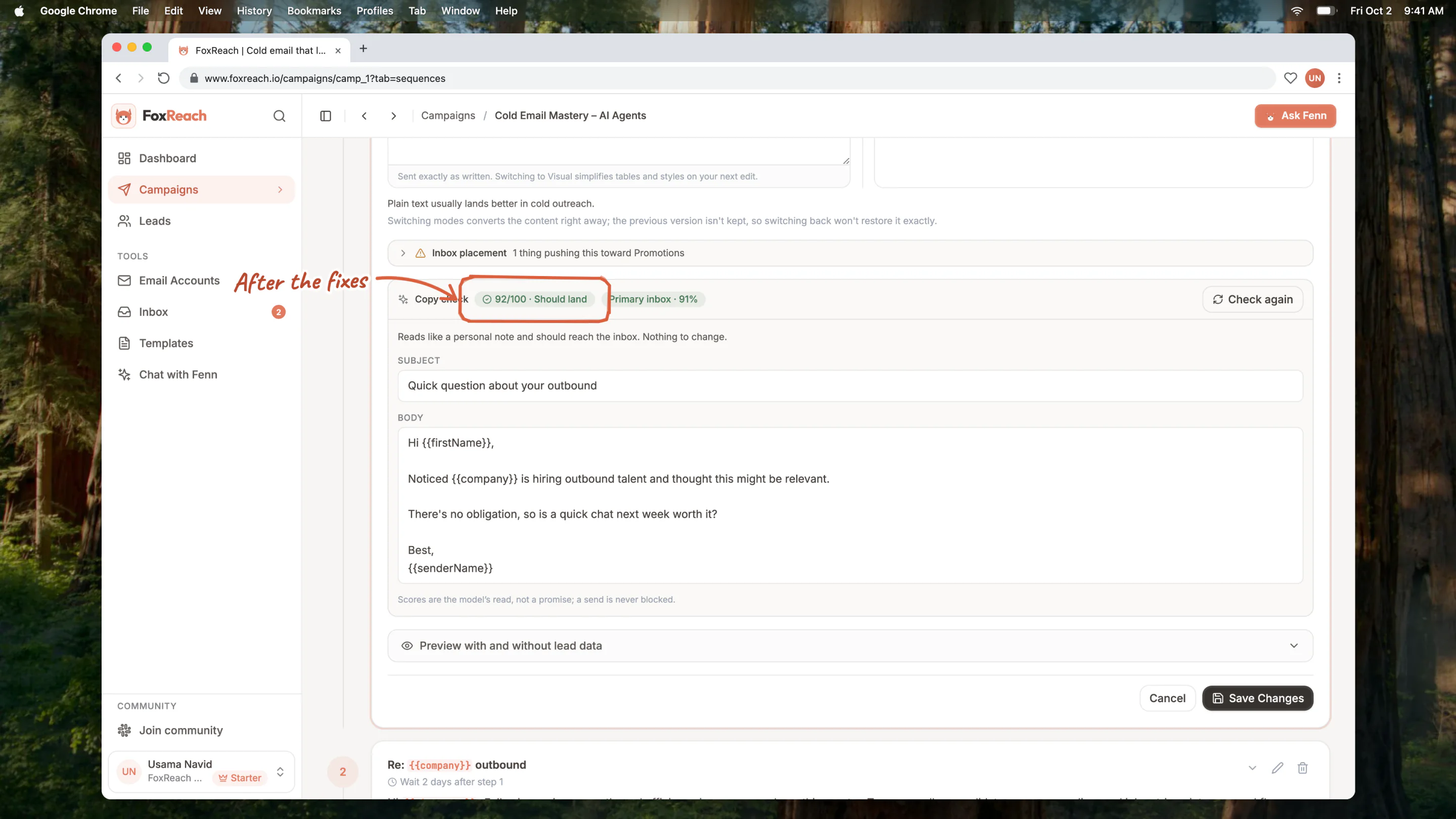The same step after applying the fixes and re-checking, with a high score and a Primary inbox prediction