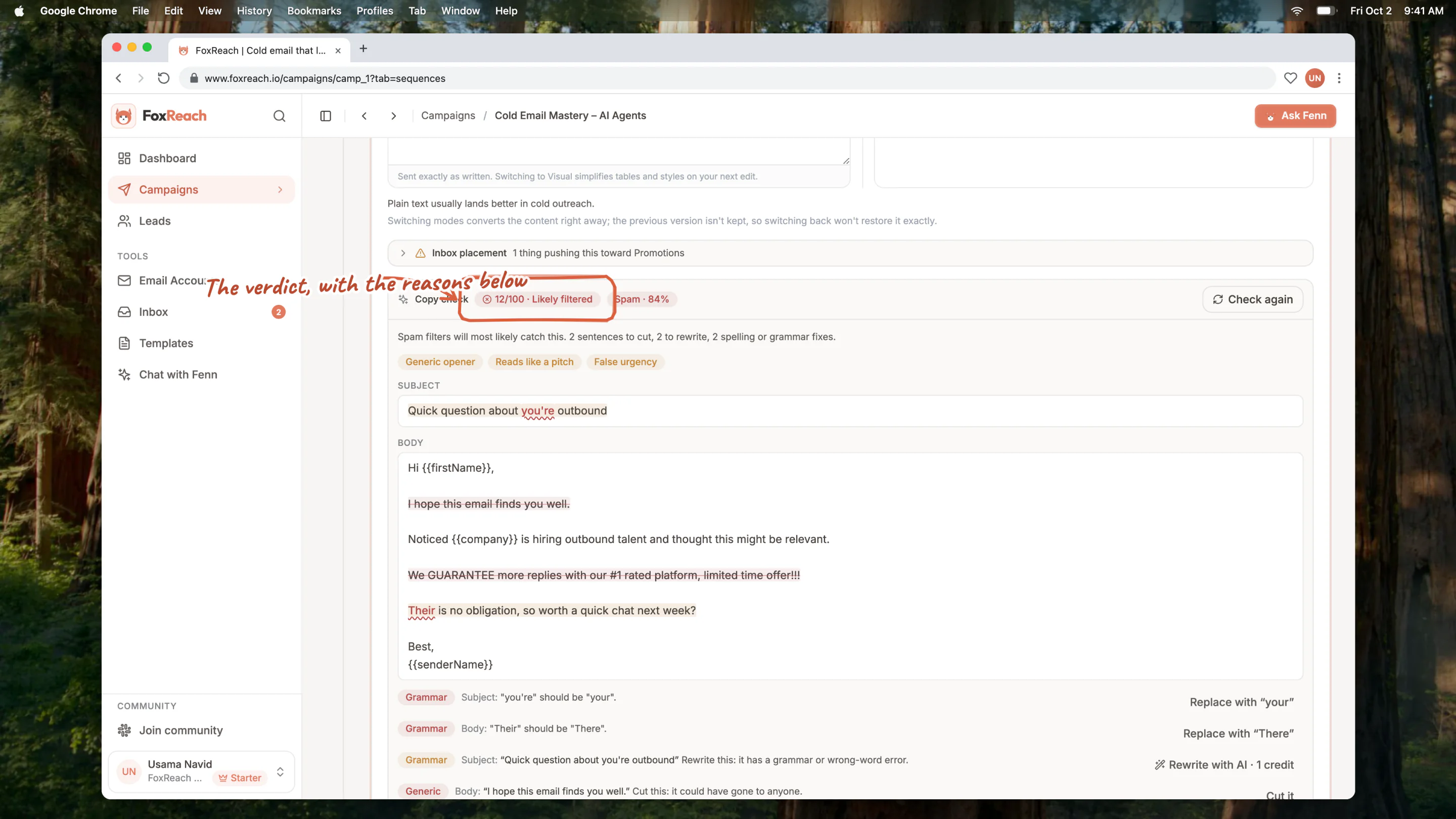 A Copy check verdict showing a low inbox score, a Spam prediction, signals, and highlighted sentences and words