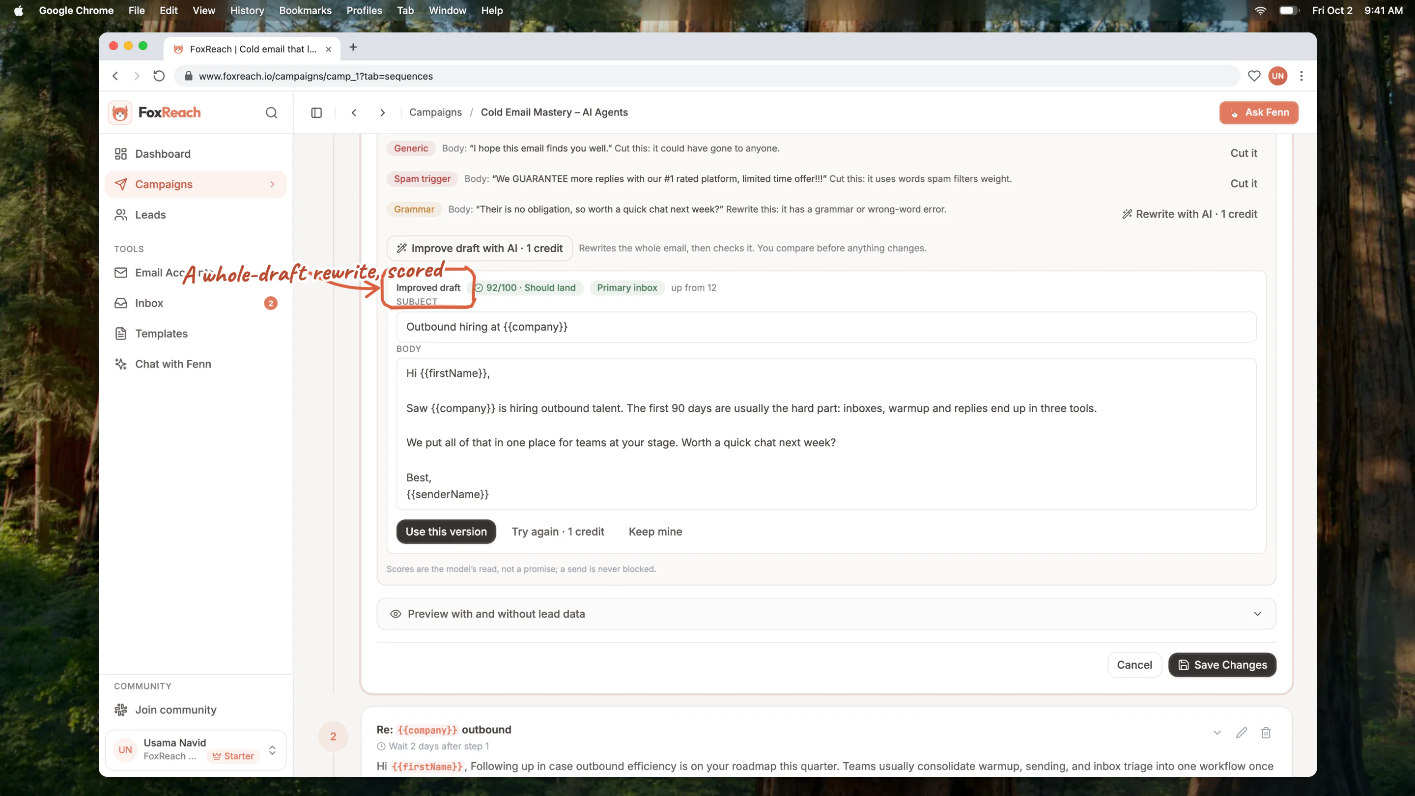 An improved draft with its own Copy check score, shown before it replaces the current step