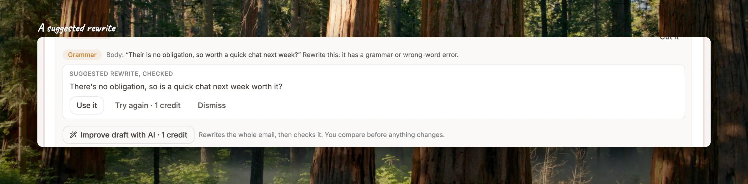 Close-up of a suggested rewrite under a flagged sentence, with the Use it button