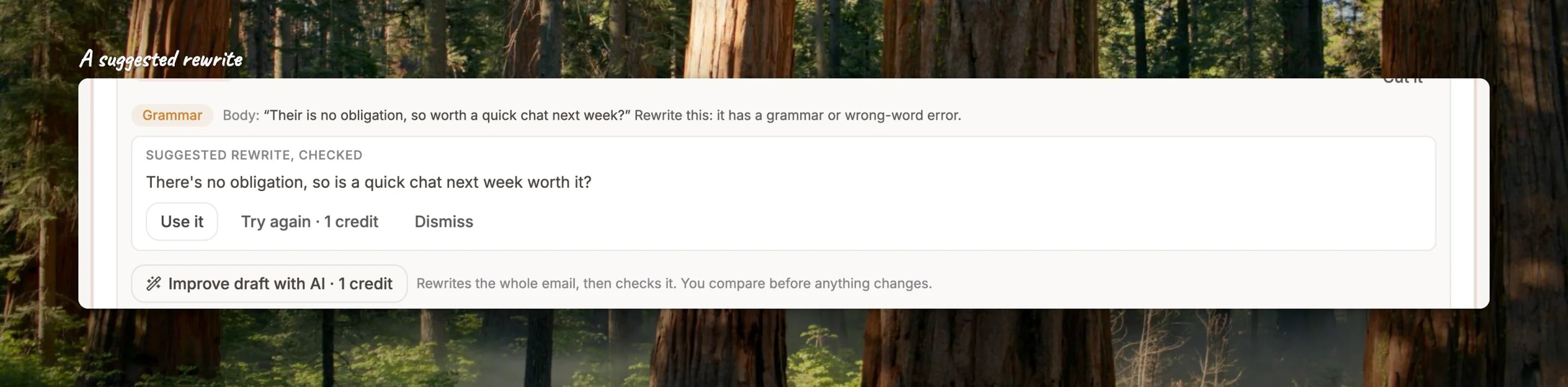 Close-up of a suggested rewrite under a flagged sentence, with the Use it button