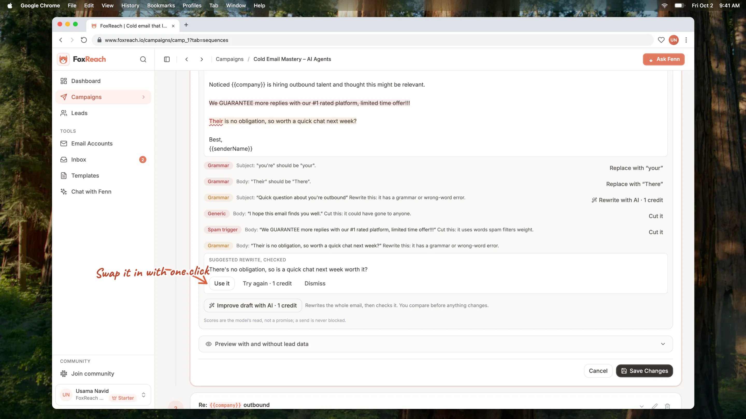 A checked rewrite suggestion under a flagged sentence in Copy check