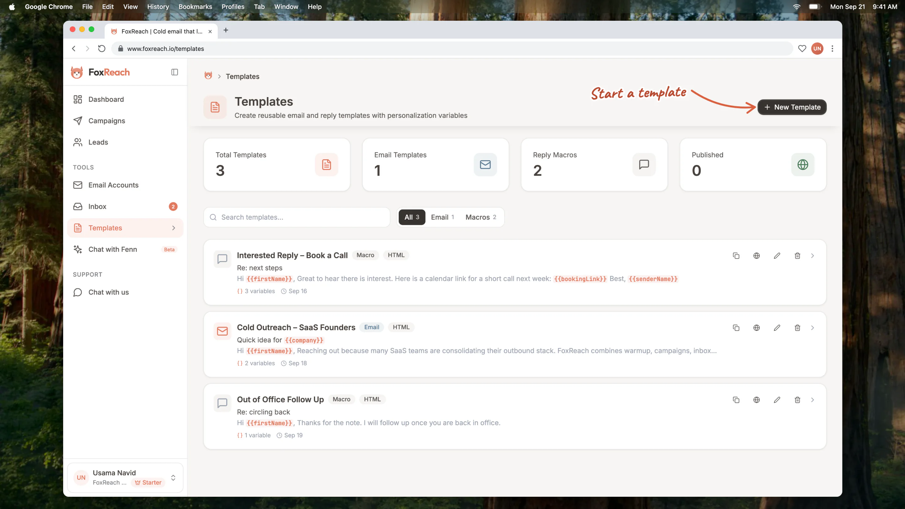 The Templates page with the New Template button