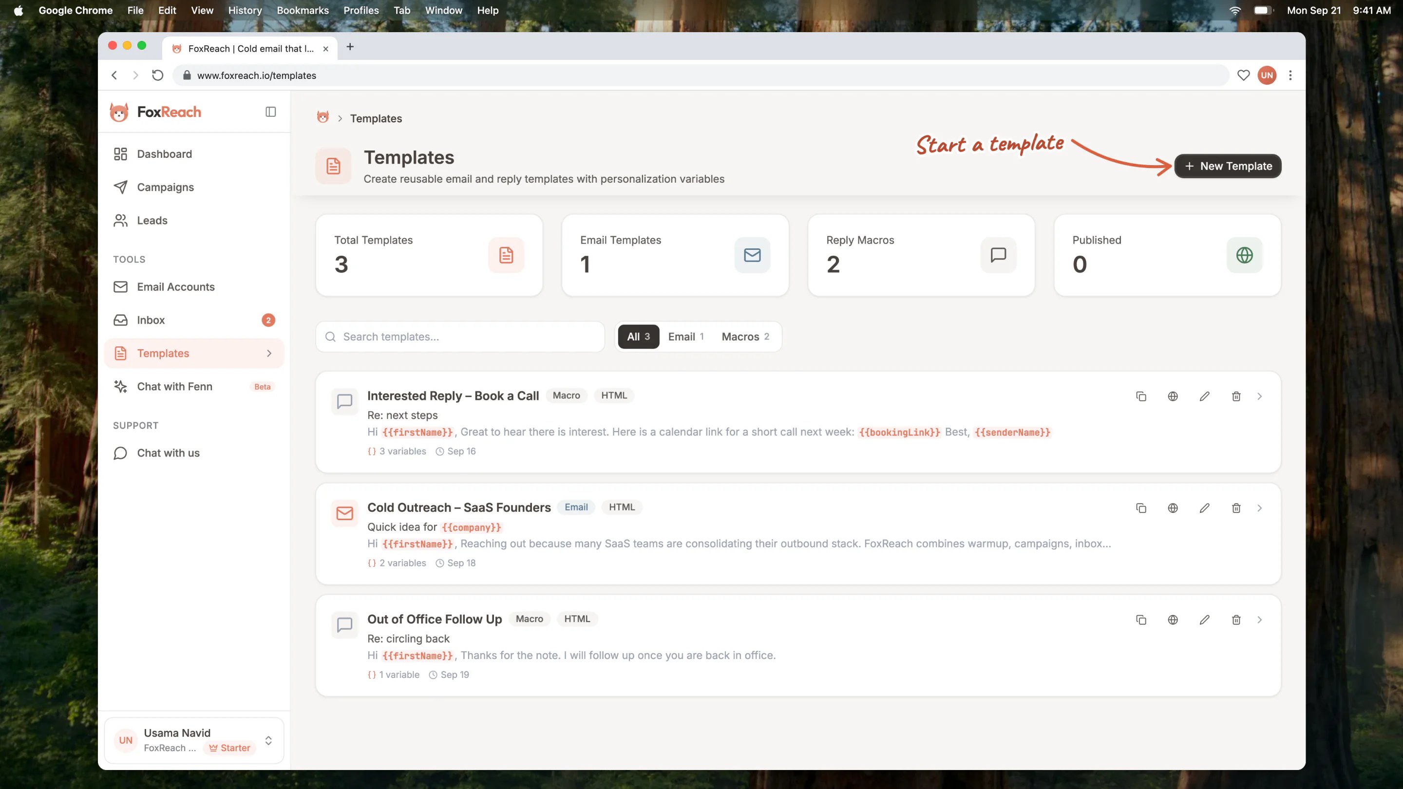 The Templates page with the New Template button