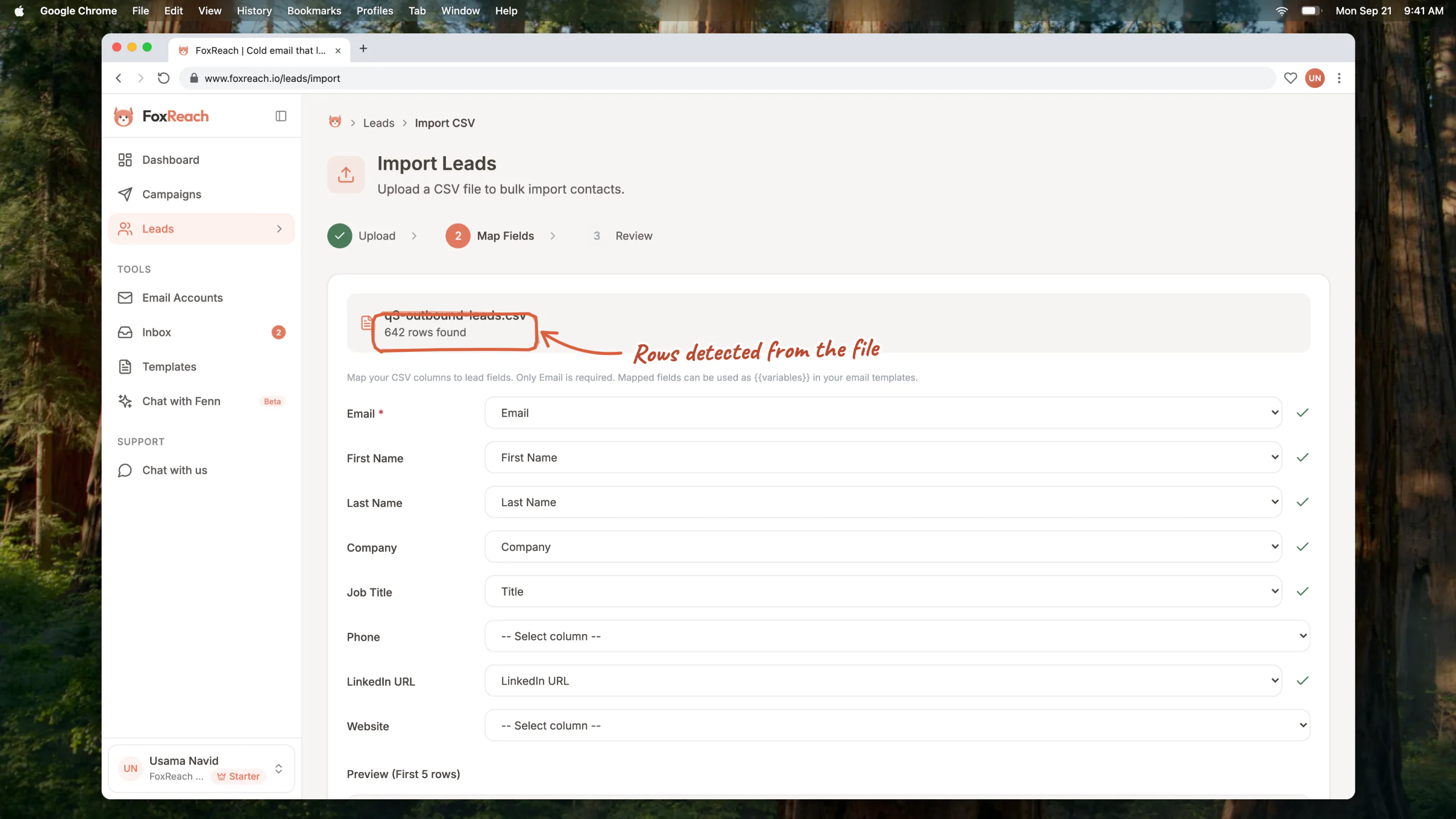The import page after a CSV upload, with the columns mapped and the row count
