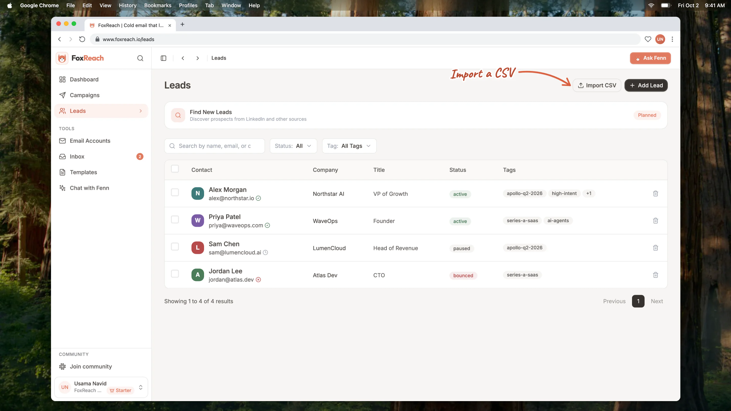 The FoxReach Leads page showing the contact table with tags, verification icons, and the search and filter toolbar