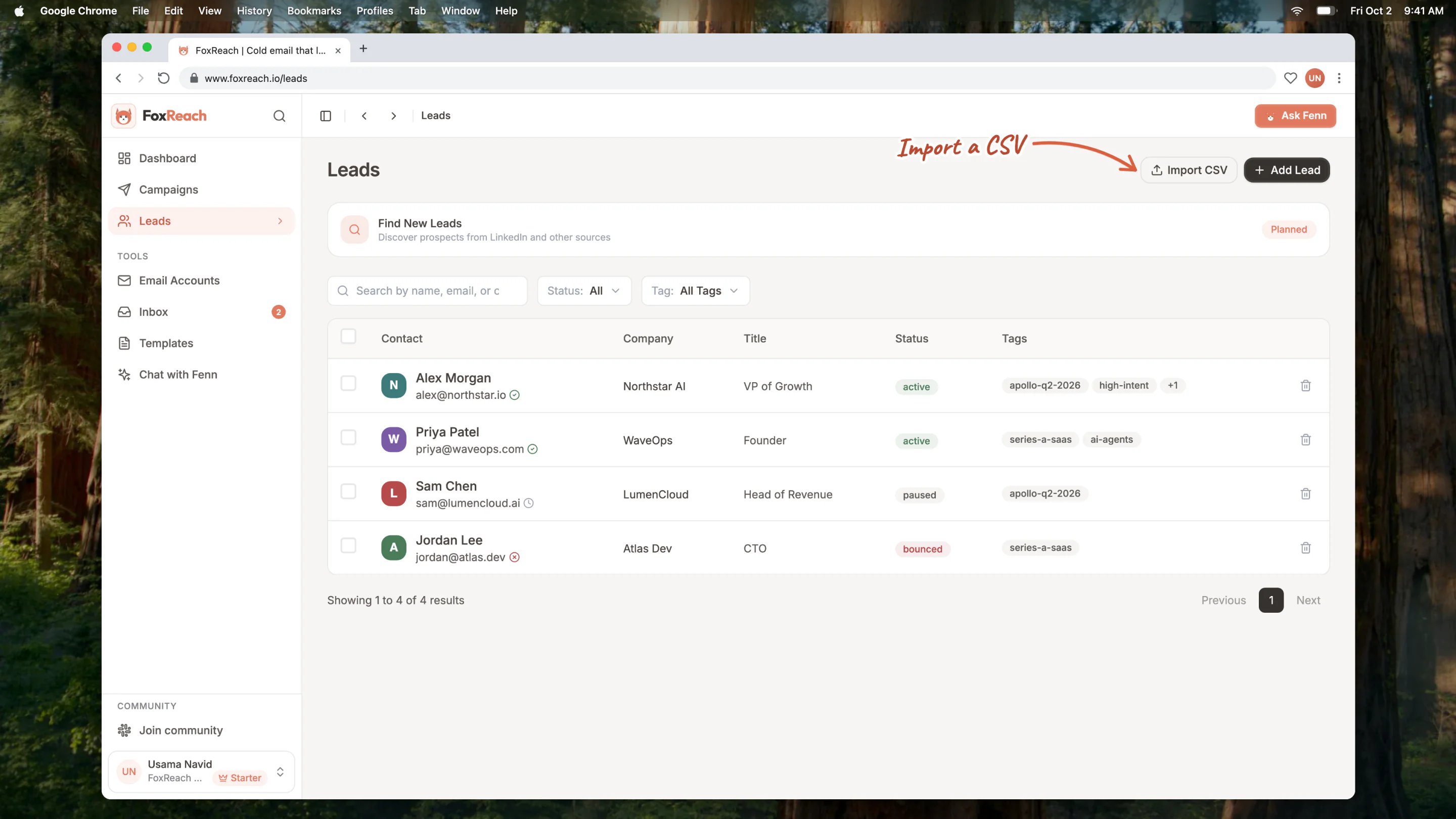 The FoxReach Leads page showing the contact table with tags, verification icons, and the search and filter toolbar
