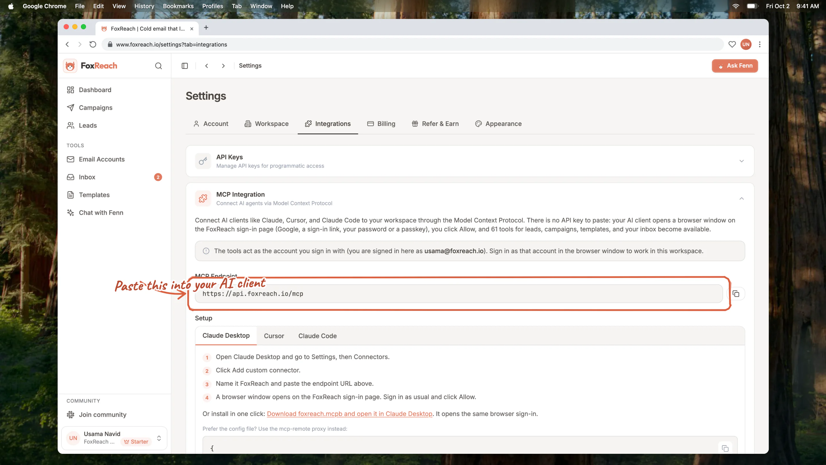 The MCP Integration section under Settings > Integrations, with the endpoint and the per-client setup steps